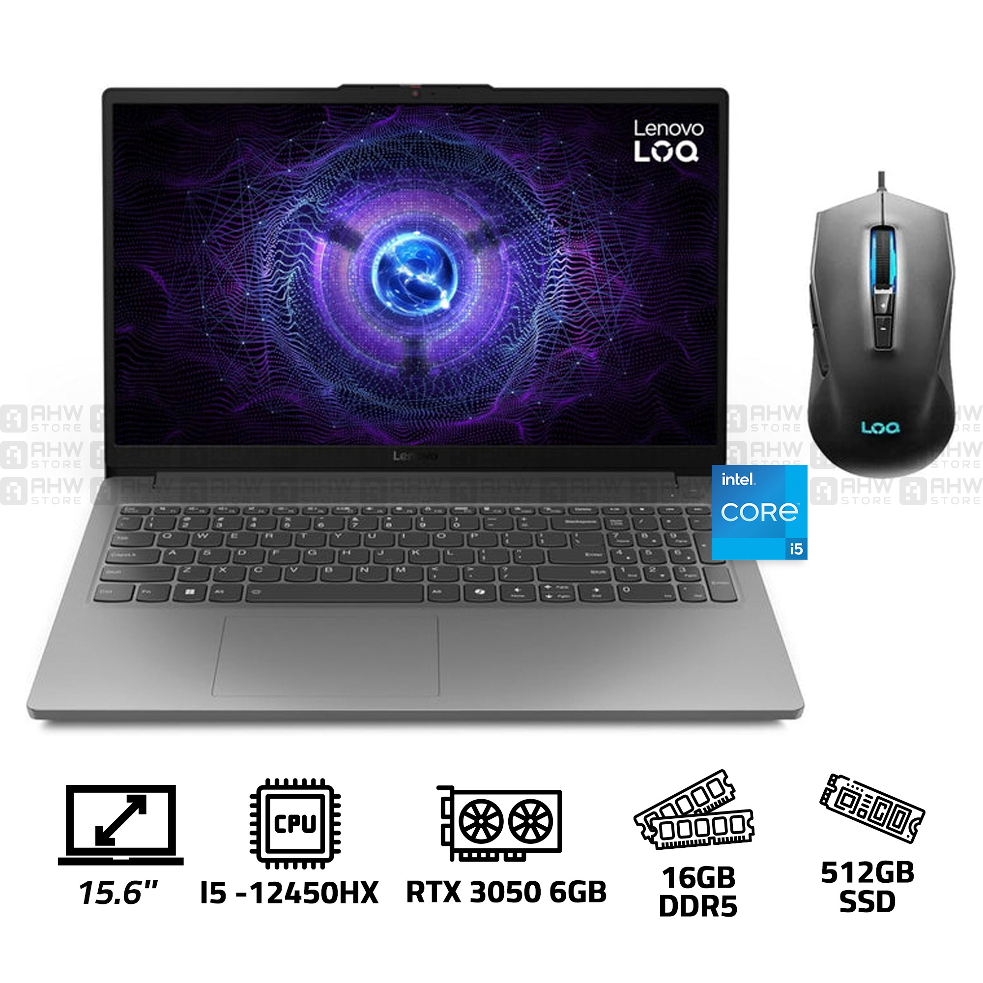 LENOVO - LOQ - CORE I5 -12450HX - 8 CORES - 16G DDR5 \ 512 SSD \ RTX 3050 6GB \ 15.6 - 144HZ + MOUSE RGB -2 YEARS + WIN11 (ESSENTIAL)
