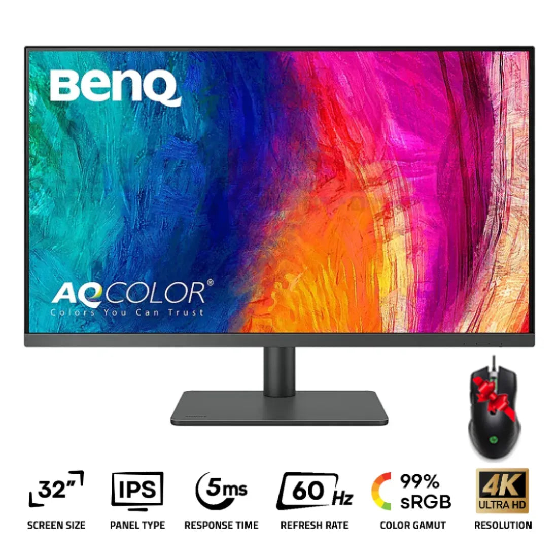 BenQ PD3205U Designer Monitor 31.5 Inch IPS 4K 60Hz 5Ms Black (Open Box) + HP X220 Gaming Mouse (Gift)