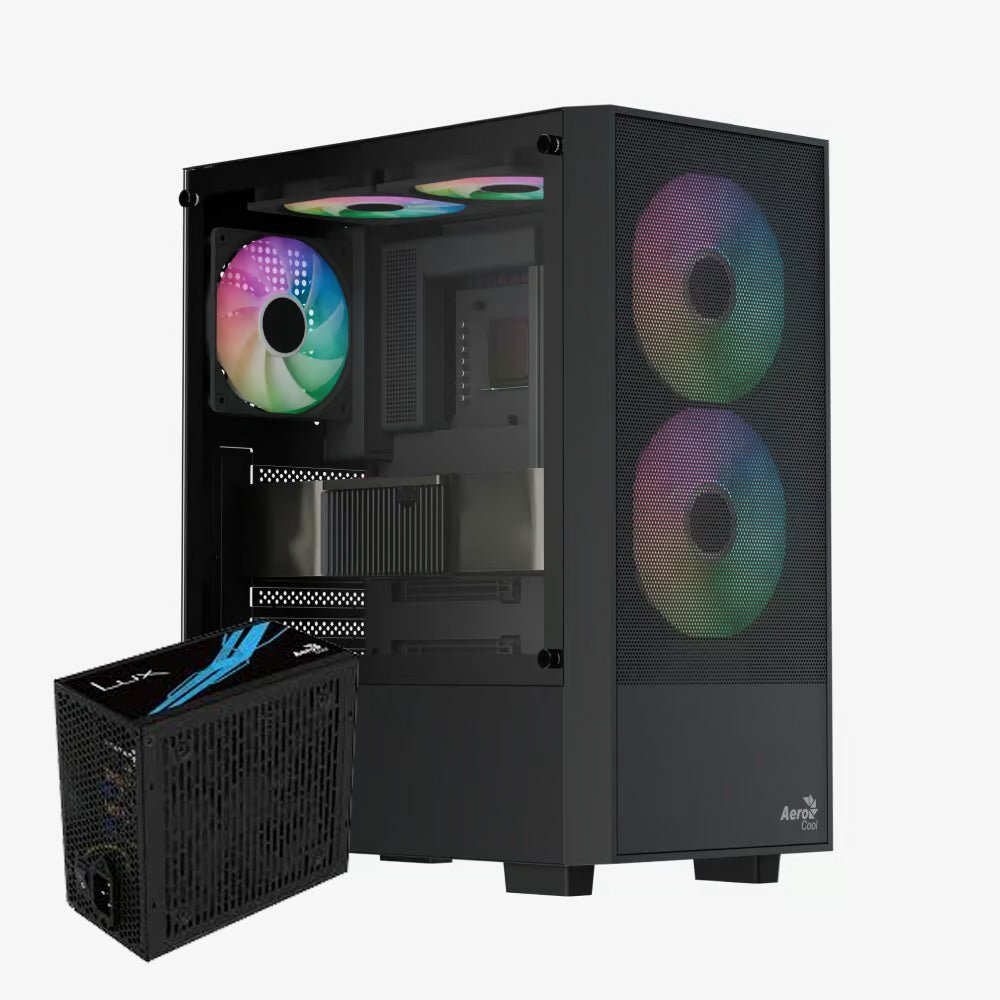 Aerocool B508A Flow ARGB Mid Tower Case 5 Fan ARGB Black + LUX 650W 80+ Bronze PSU - AHW Store