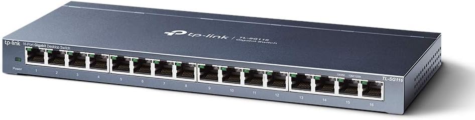 TP-Link TL-SG116 16-Port Gigabit Ethernet Network Switch Unmanaged Desktop Wall-Mount Fanless Sturdy Metal Shielded Ports Traffic Optimization (Black)