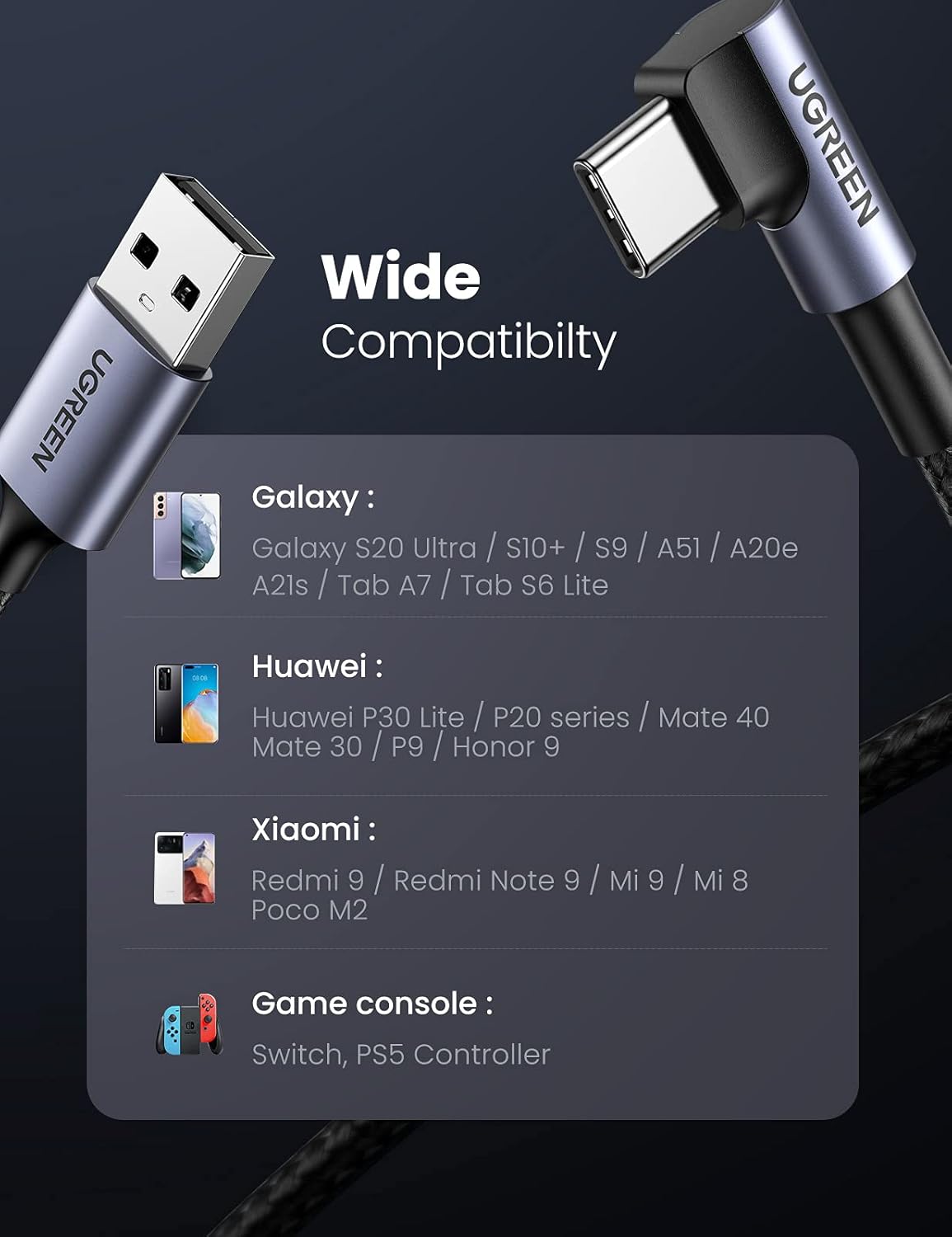 UGREEN Right Angle USB A to USB C Cable 1M