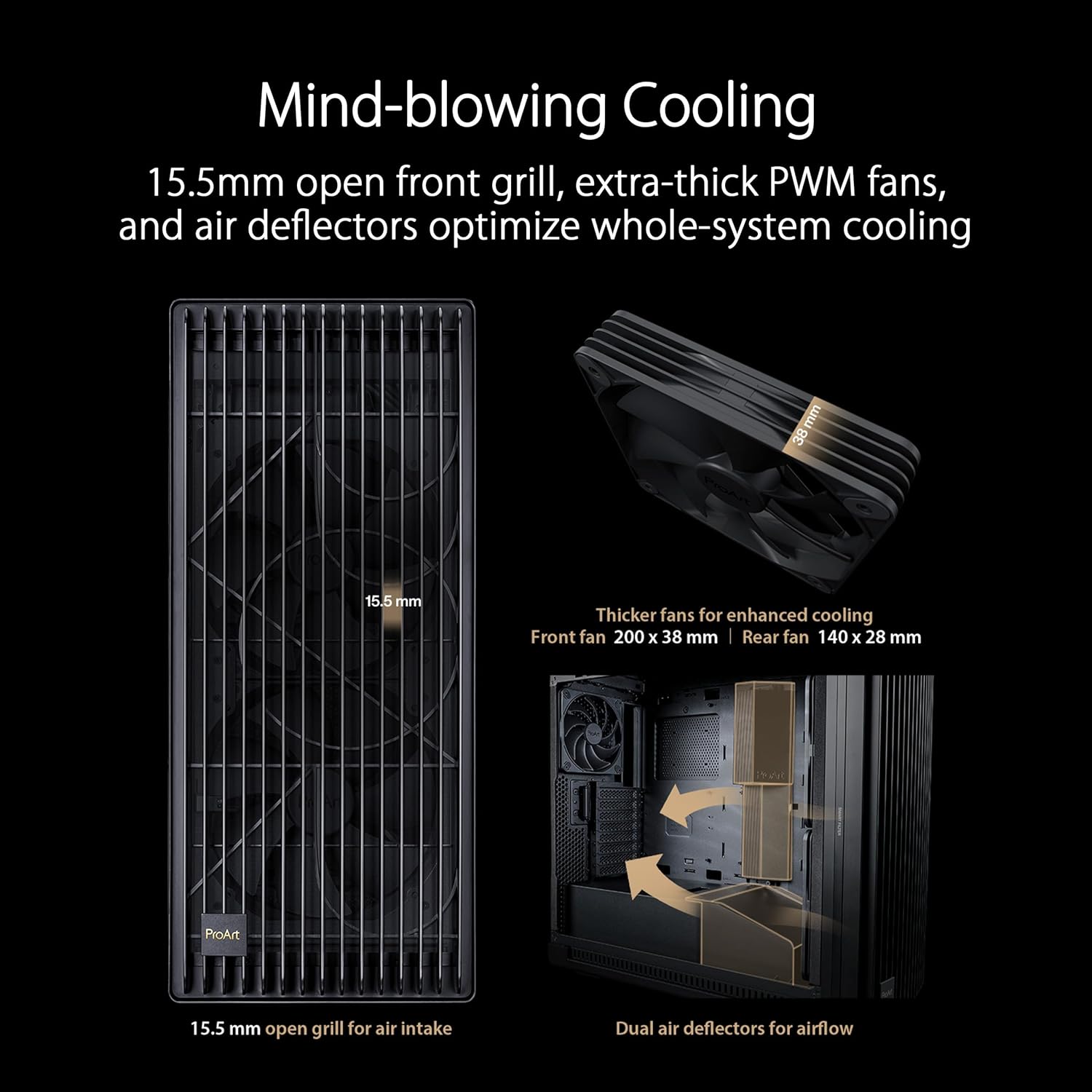 ASUS ProArt PA602 E-ATX computer case, 420 mm radiator support, one 140 mm and two 200mm pre-install