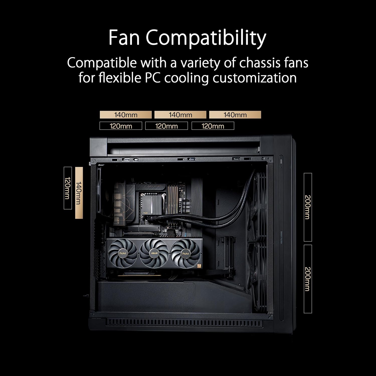 ASUS ProArt PA602 E-ATX computer case, 420 mm radiator support, one 140 mm and two 200mm pre-install