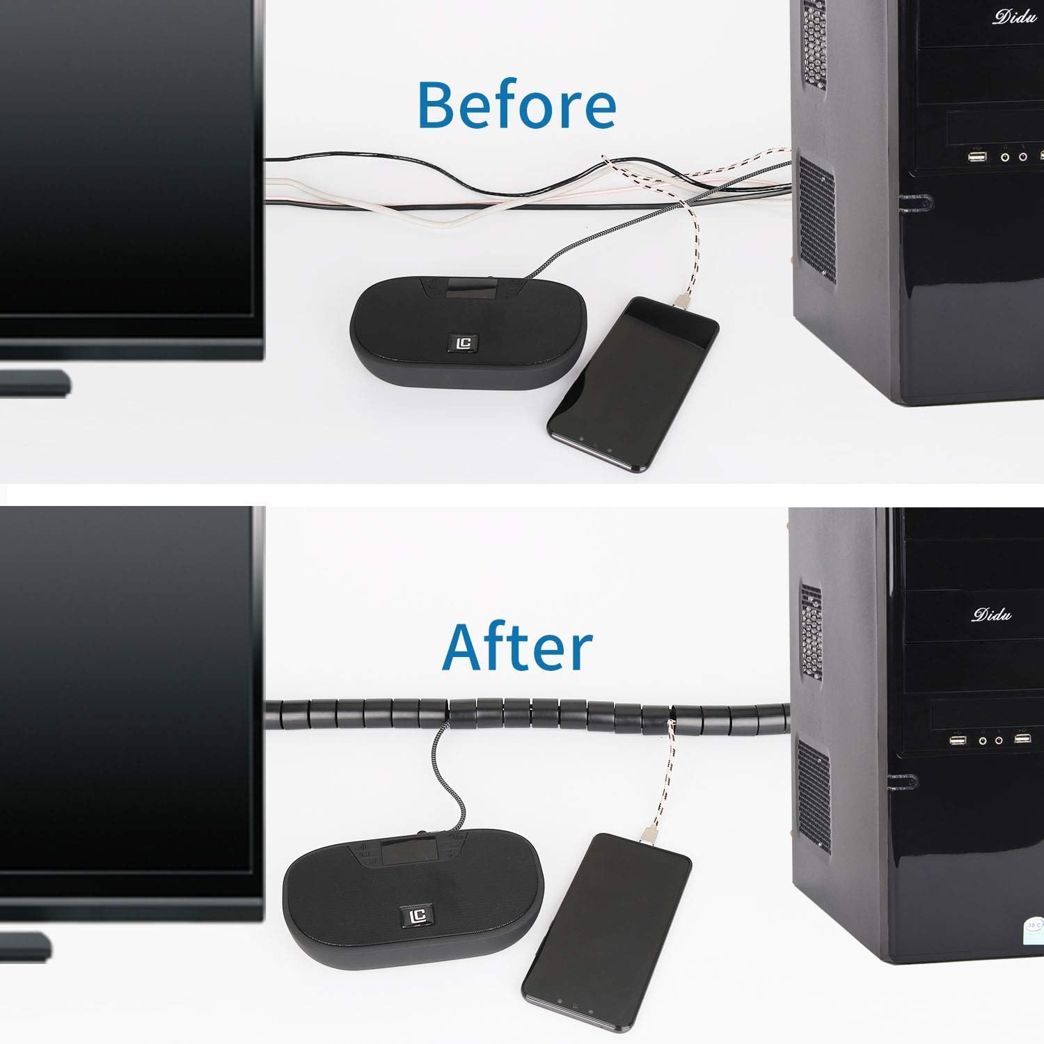 10FT Cable Management Sleeve Cord Bundler 0.8 Diameter w/Zip Clip Zipper Wire Wrap Cord Organizer Ca