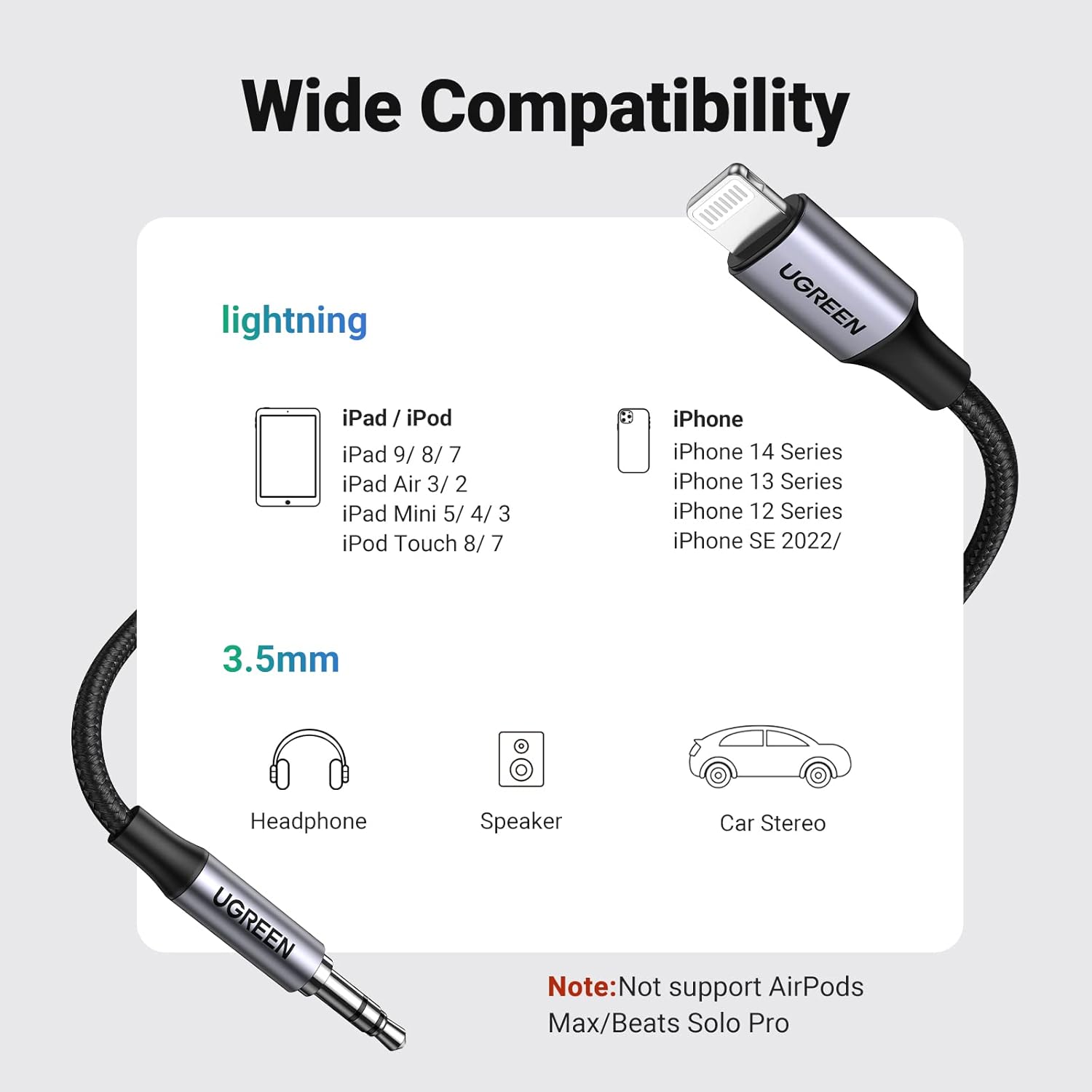 UGREEN LIGHTNING TO 3.5MM AUX CABLE ALUMINUM SHELL WITH BRAIDED 1M