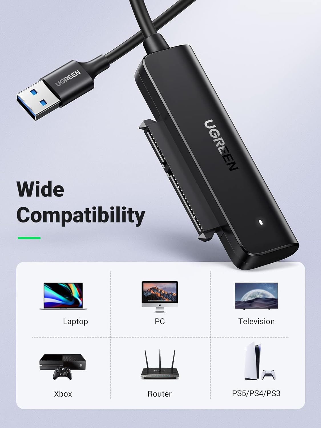 UGREEN SATA to USB 3.0 Adapter Hard Drive Cable External Disk Reader 2.5 Inch SSD HDD Clone Transfer Upgrade Kit
