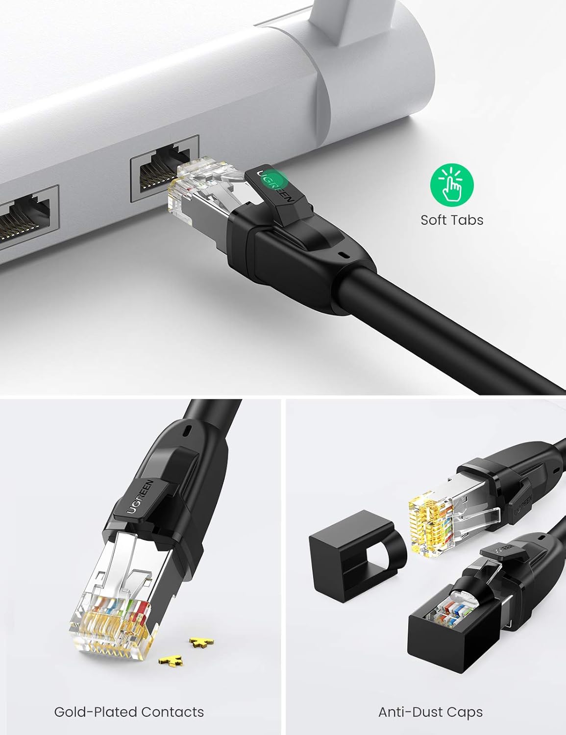 UGREEN 70329 Cat8 SFTP High Speed 40Gbps Shielded Lan Patch Cord 2 Meters Black Color Heavy Duty Network Web Connection Wire for Gaming Consoles Routers NW121