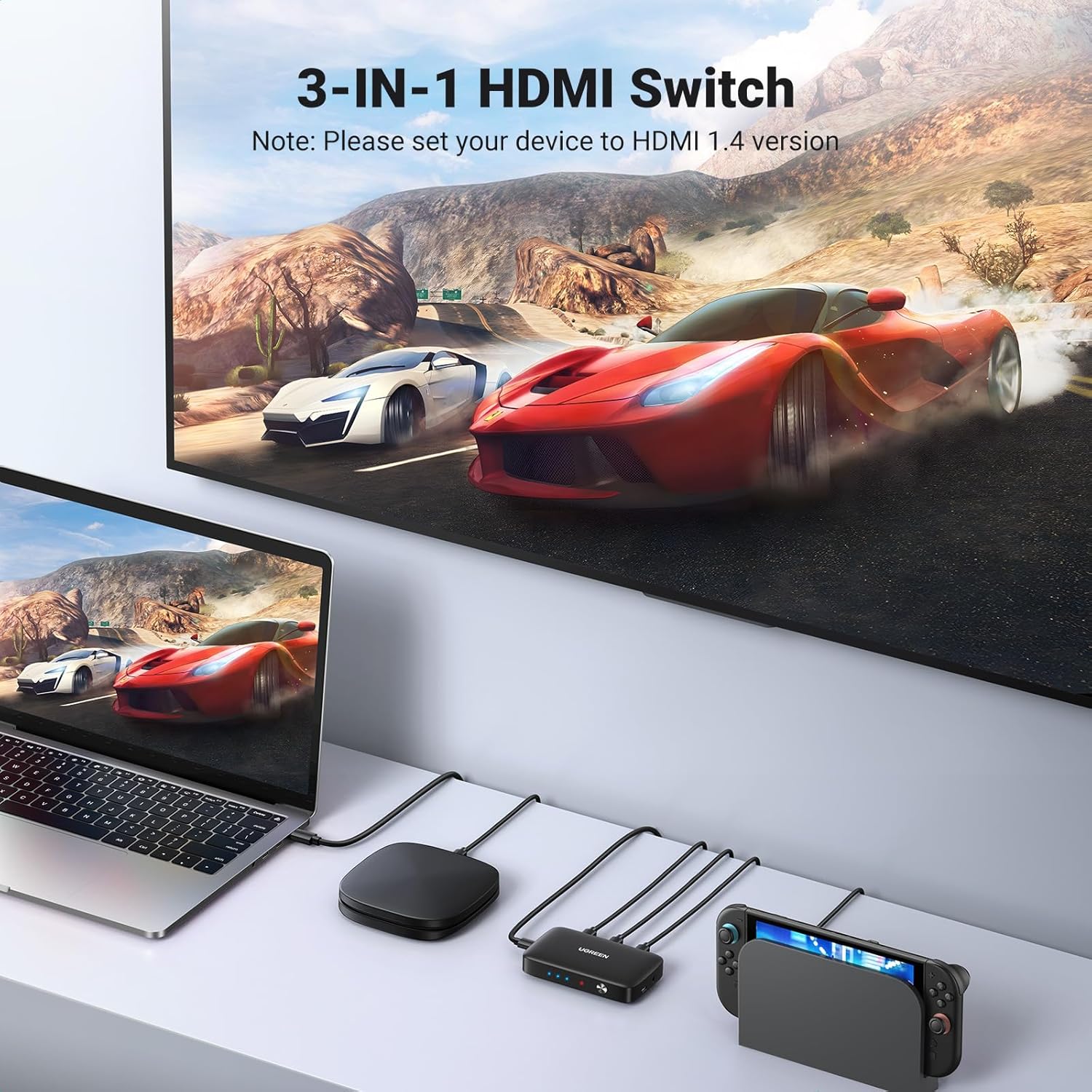 UGREEN 3-in-1 Out HDMI Switcher 4K 30Hz Manual Switch Box Supporting HDR 3D HDCP Compatible with TV Box and PS5 plus PS4 and Laptop PC HDTV Projector Display Monitor - Black