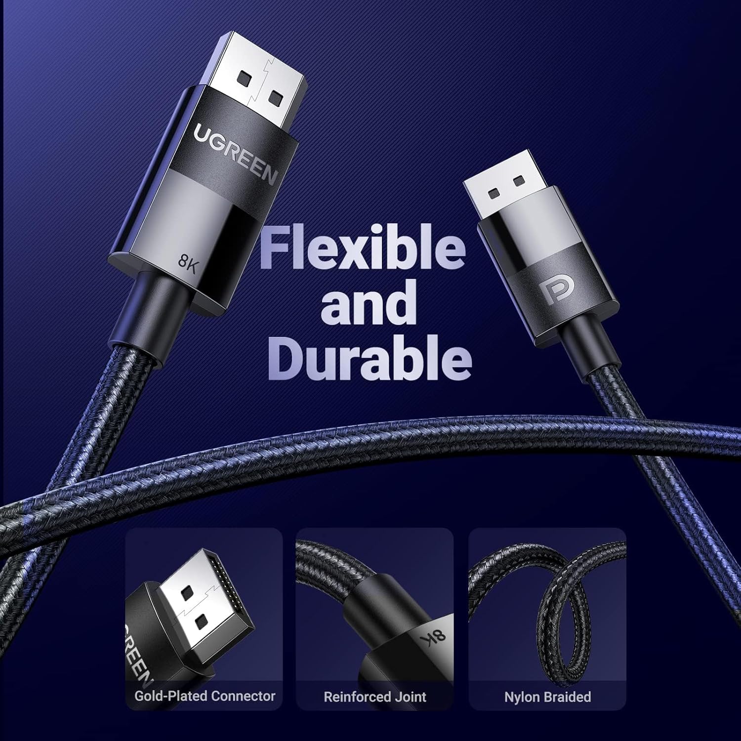 UGREEN 8K DisplayPort Cable 1.4, DP to DP 2M, 8K@60Hz/4K@165Hz/2K@240Hz/1080P@240Hz, for Gaming Moni