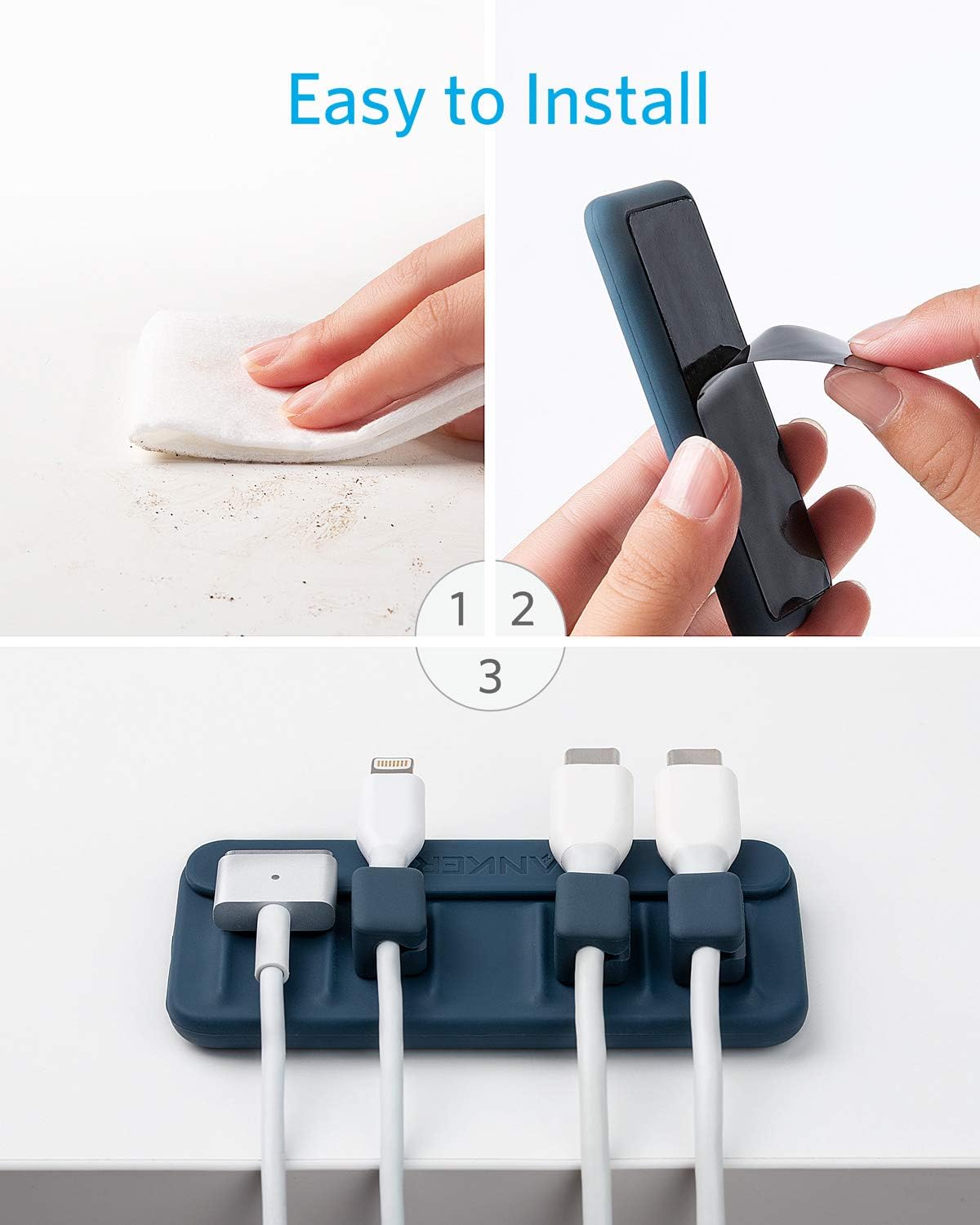 Anker Cable Management, Magnetic Cable Holder, Desktop Cable Ties, 5 Clips for Lightning Cable, USB-