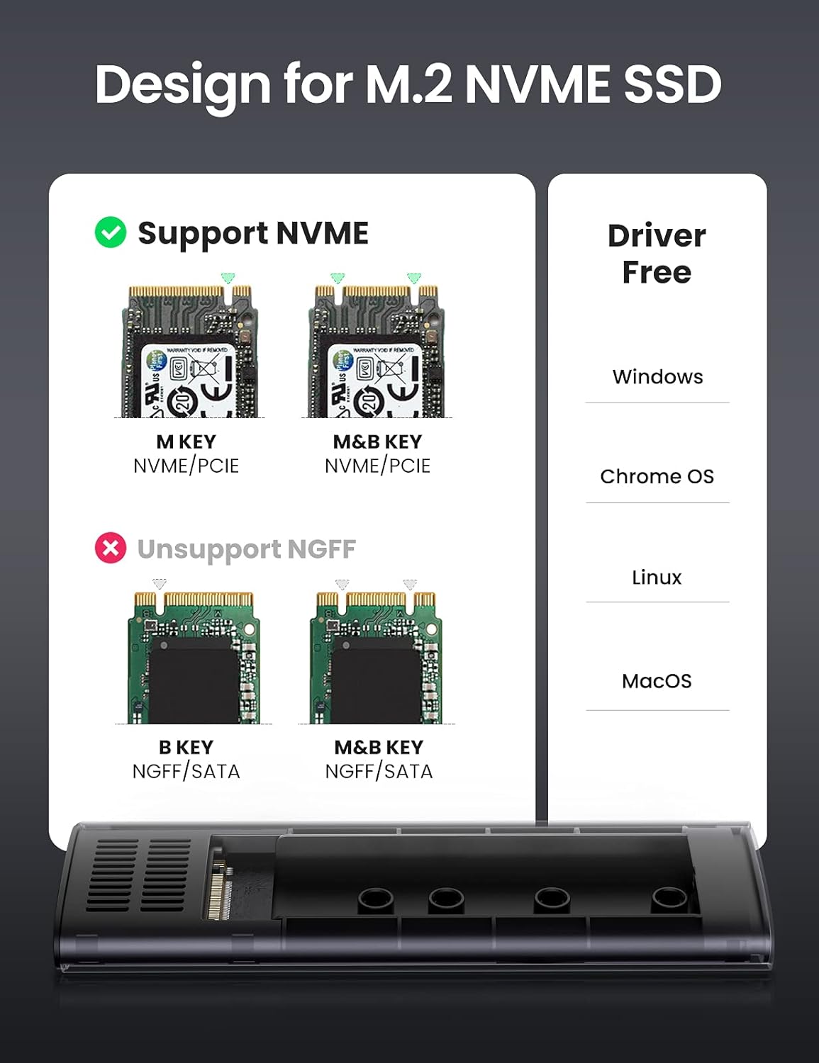UGREEN M.2 NVMe SSD Enclosure Aluminum 10Gbps USB C 3.1 Gen 2 to PCIe M-Key Solid State Drive External Adapter Case Compatible with MacBook Pro and Samsung or WD 2280 2260 2242 2230