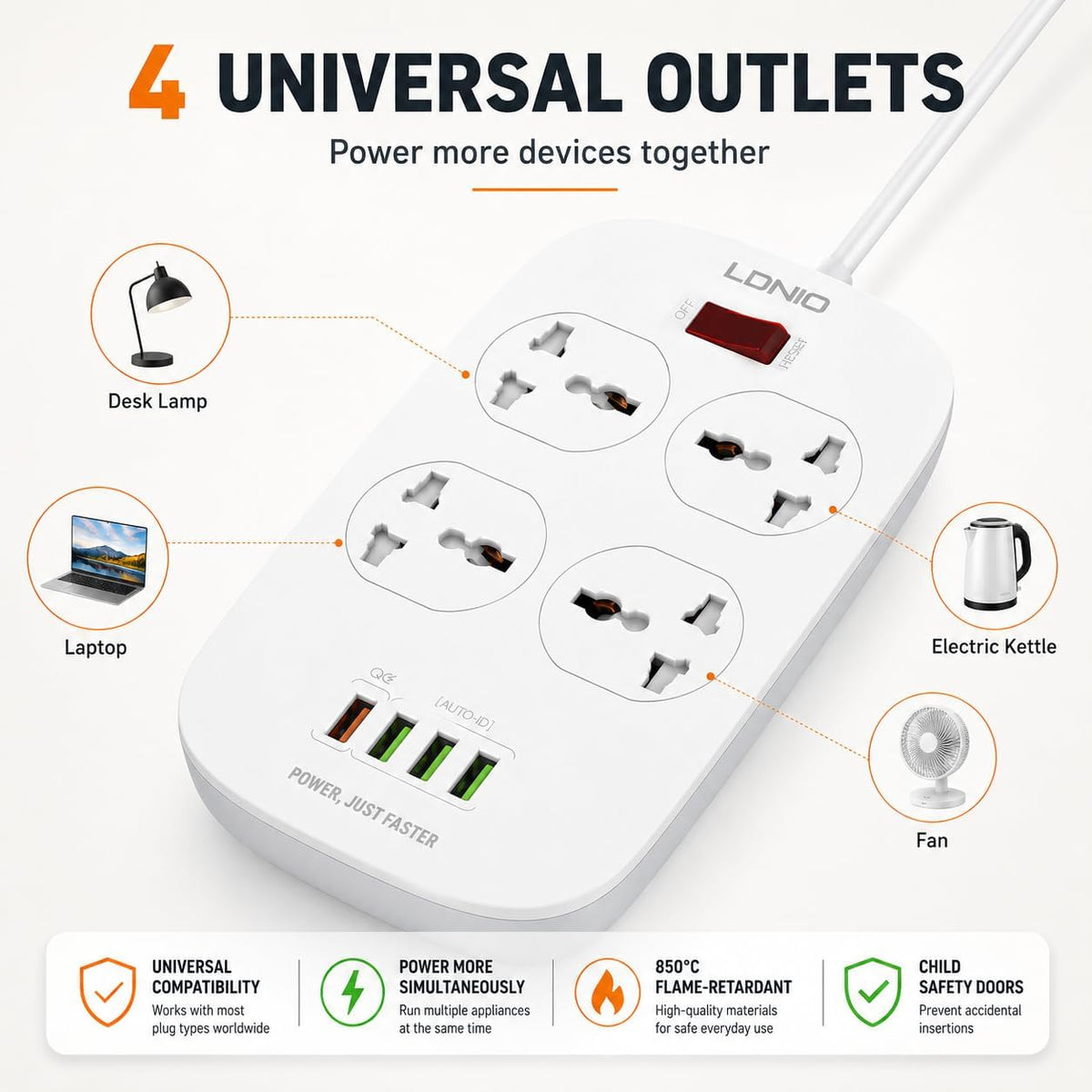 LDNIO 4-Port Power Extension with USB