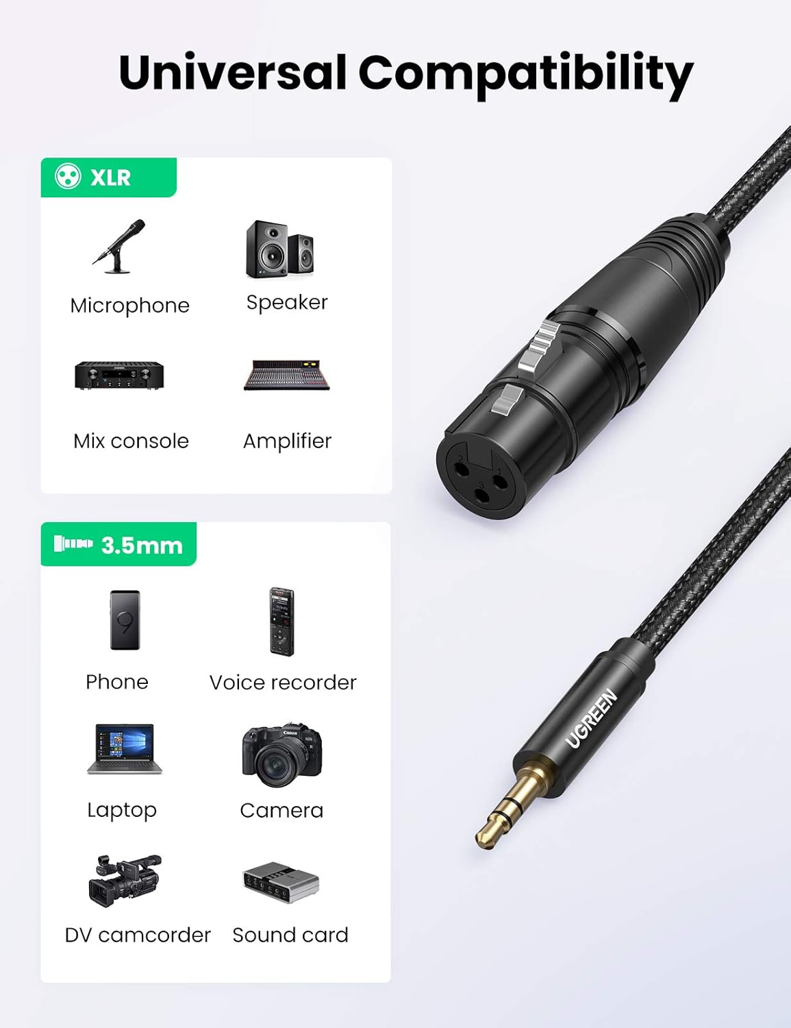 UGREEN 3.5mm Male to XLR Female Microphone Audio Cable 2 Meters Black Premium Auxiliary Jack Adapter Cord for Connecting Cell Phones Laptops Speakers and Studio Mics