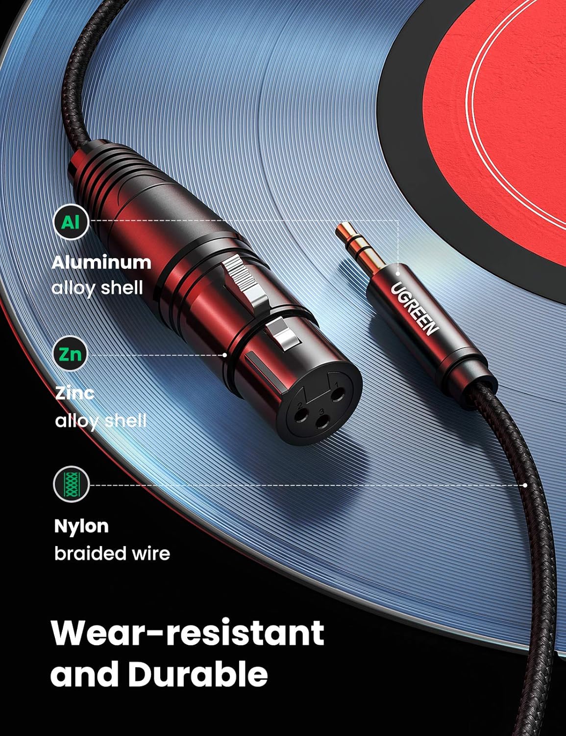 UGREEN 3.5mm Male to XLR Female Microphone Audio Cable 2 Meters Black Premium Auxiliary Jack Adapter Cord for Connecting Cell Phones Laptops Speakers and Studio Mics
