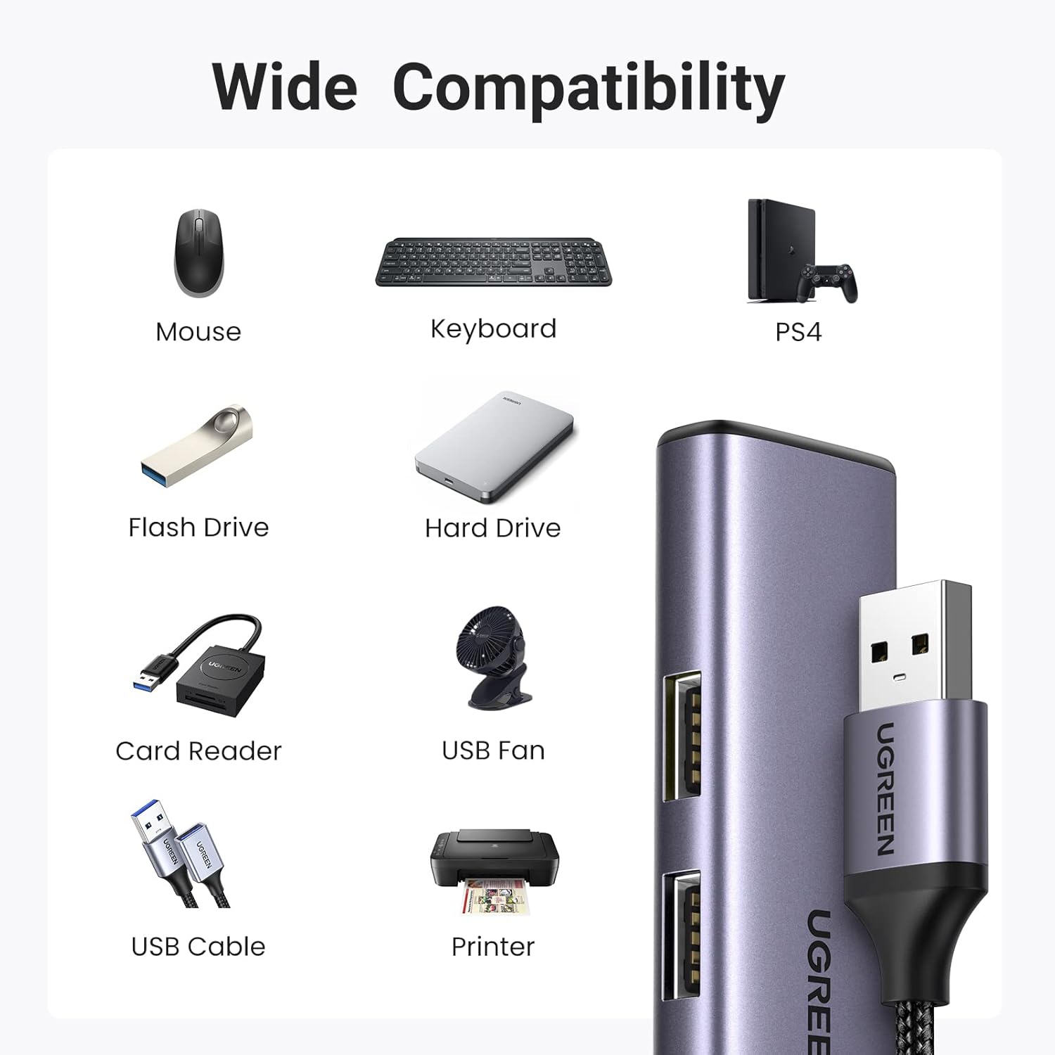 UGREEN USB Type A Hub, 4-Ports USB 3.0 Splitter Adapter 5Gbps High-Speed Data Transmission with USB