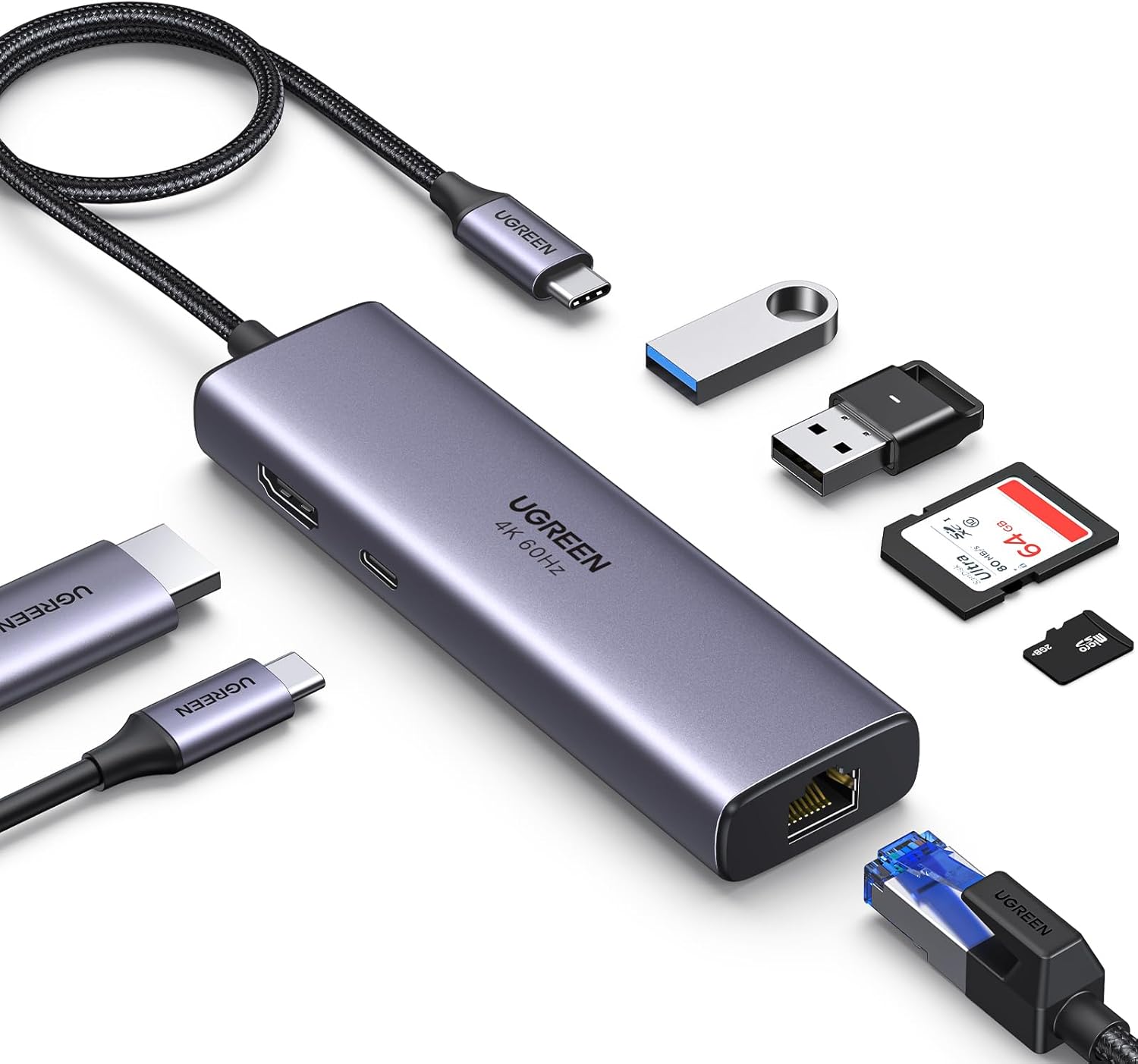 UGREEN 7in1 USB C Hub with Gigabit Ethernet 4K@60Hz HDMI, 100W PD Charging, SD/TF Card Reader, 2 USB