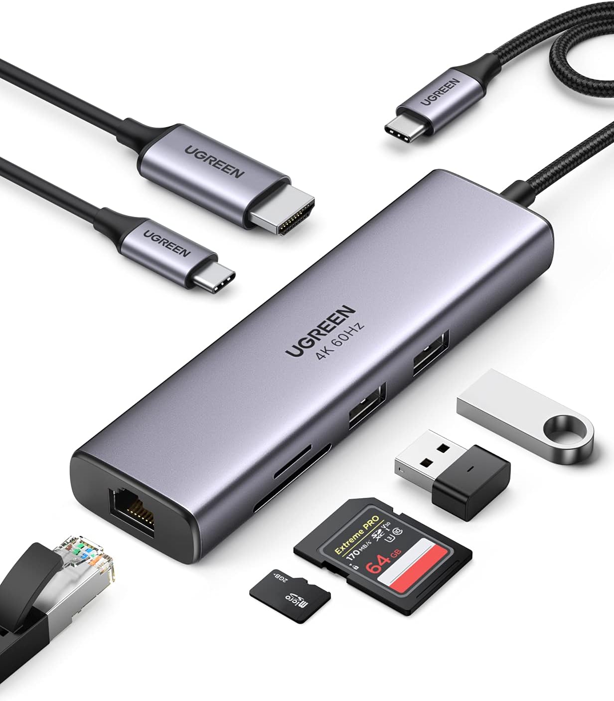 UGREEN 7-in-1 USB C Hub with Gigabit Ethernet plus 4K@60Hz HDMI and 100W PD Charging also SD TF Card Reader with 2 USB 3.0 Ports Dock for Mac M1 M2 and iPad or iPhone 15 Pro Model 60515