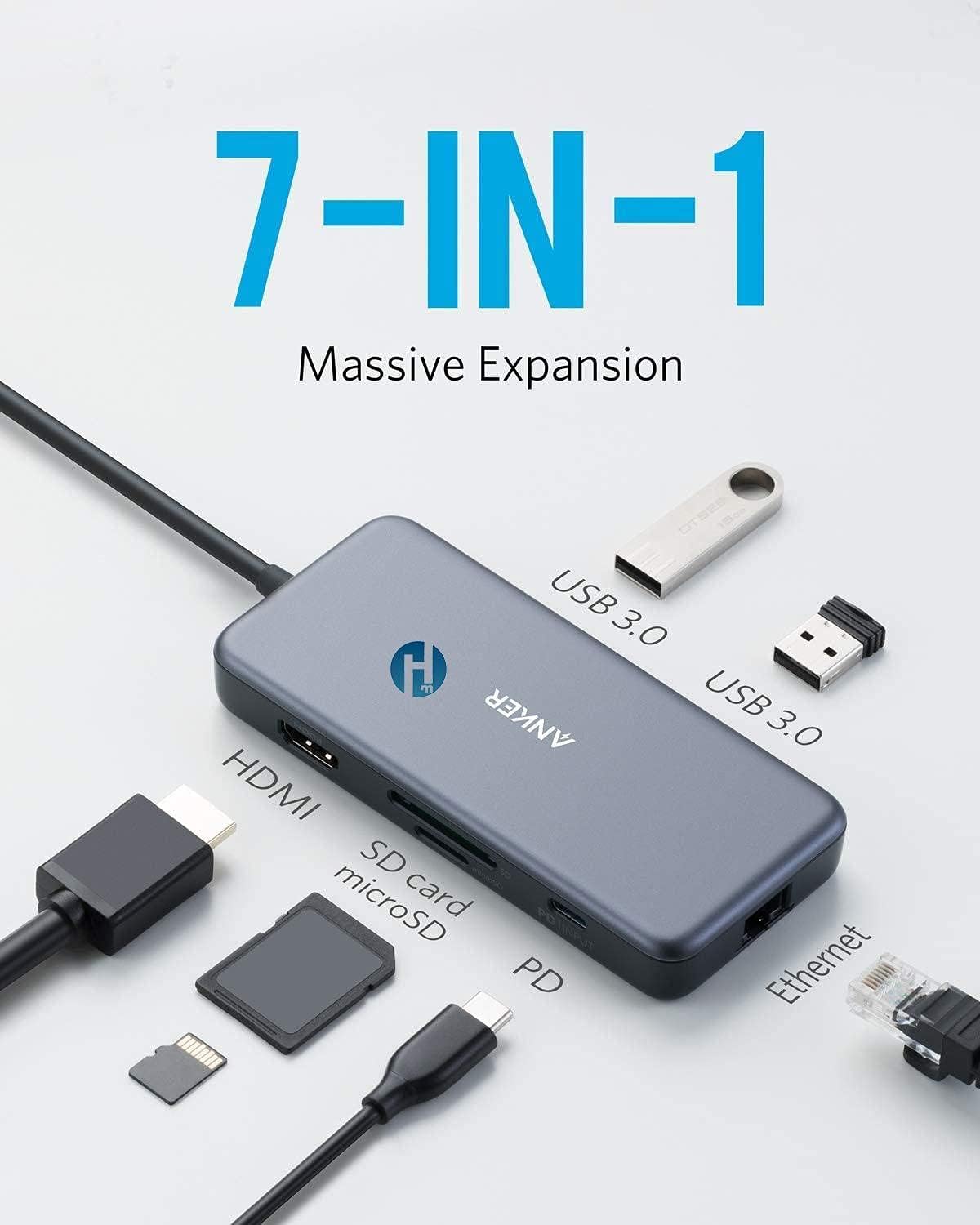 Anker 7-in-1 USB-C Hub Adapter with 4K HDMI & 60W PD and SD/microSD Card Reader also High-Speed USB 3.0 Ports with Premium Splitter Expansion for MacBook Pro/Air and Chromebook & Galaxy - Space Grey