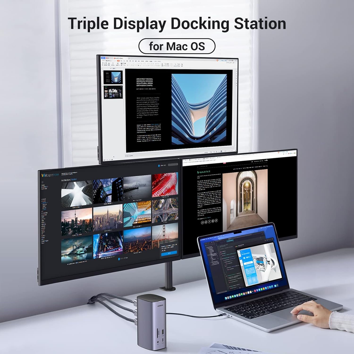 UGREEN 12-in-1 USB C Docking Station Triple Display Monitor HDMI DP 4K@60Hz and 8K Max with 10Gbps Data Ports plus 100W Power Delivery Ethernet SD TF Audio for MacBook - Gray