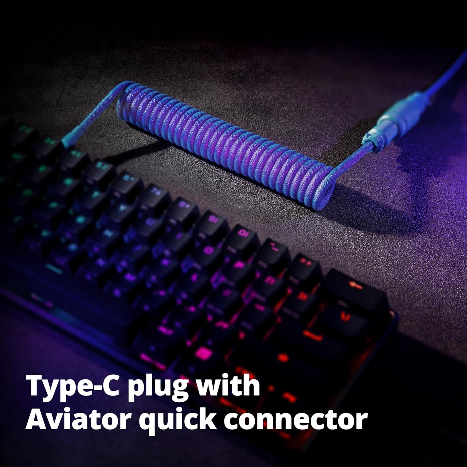 GunMjo Pro Custom Coiled USB C Cable for Mechanical Gaming Keyboard Double Sleeved Cord with Detachable Metal Aviator Connector 1.3 Meters Nebula Color Palette Accent