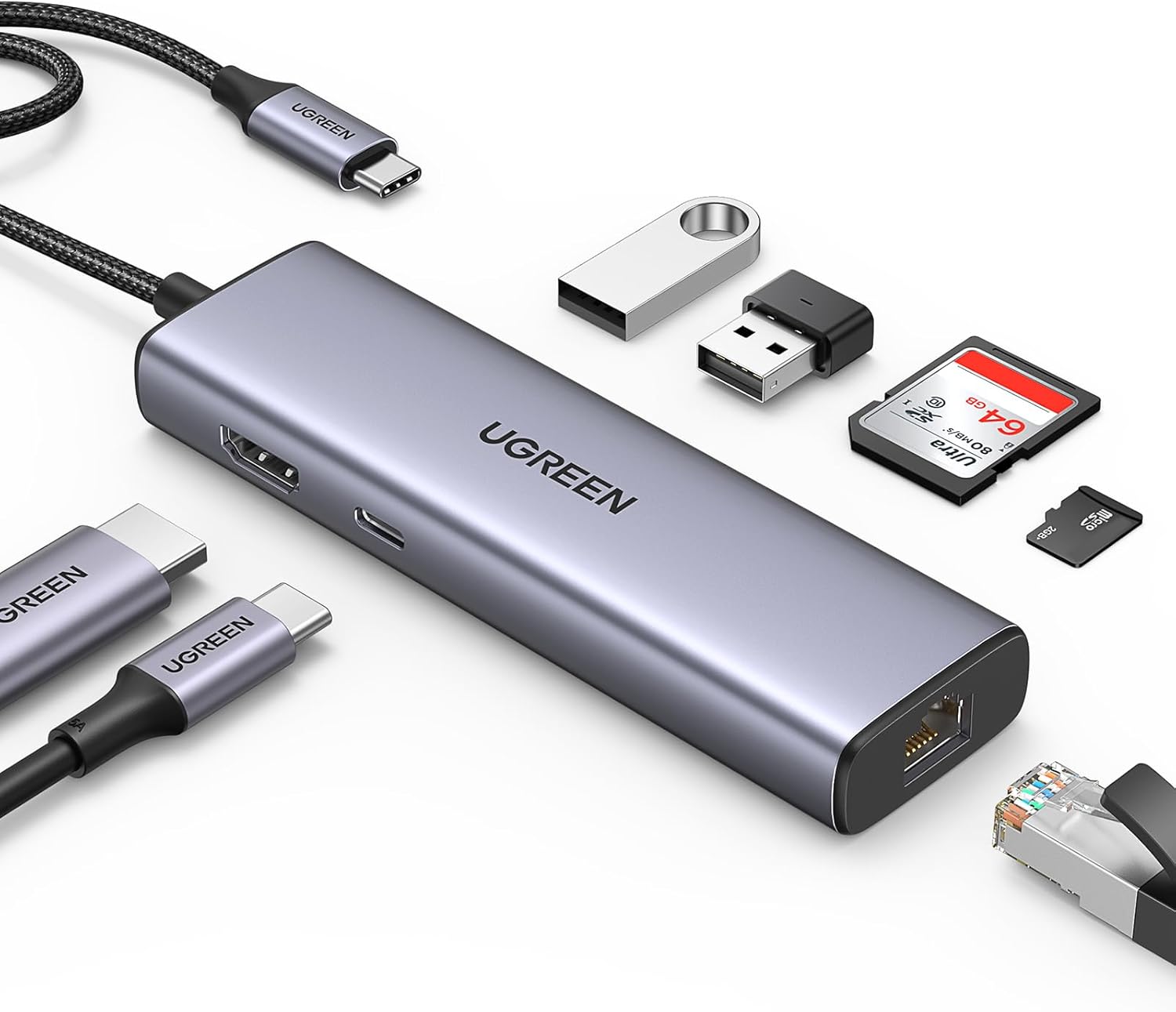 UGREEN 7-in-1 USB C Hub 4K HDMI Multiport Adapter with 1Gbps Ethernet, 100W PD Delivery, 2 USB 3.0,