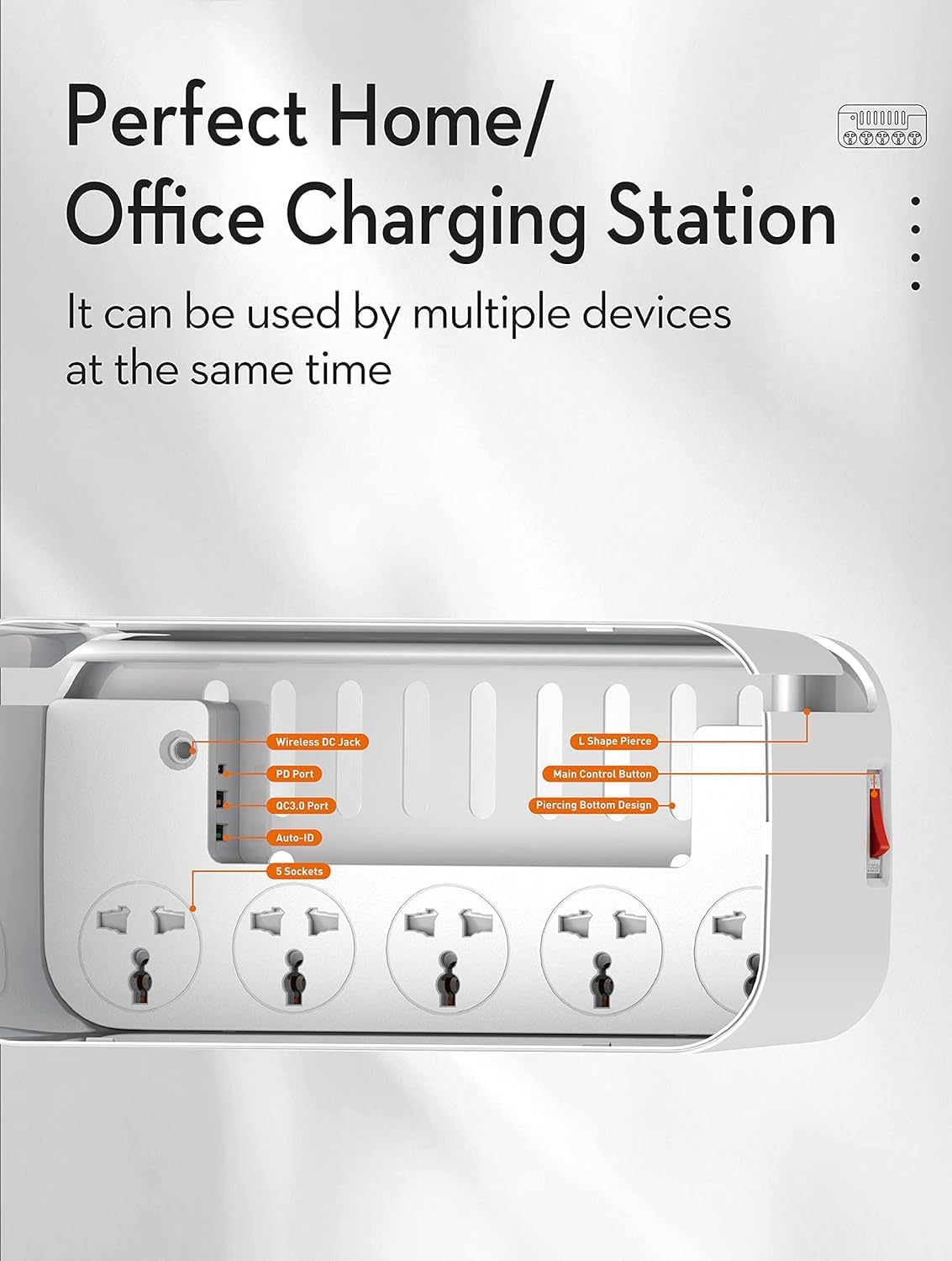 LDNIO SCW5354 Management Power Strip Box 5 port 3USB Wireless Charger Power Cord 2M - White