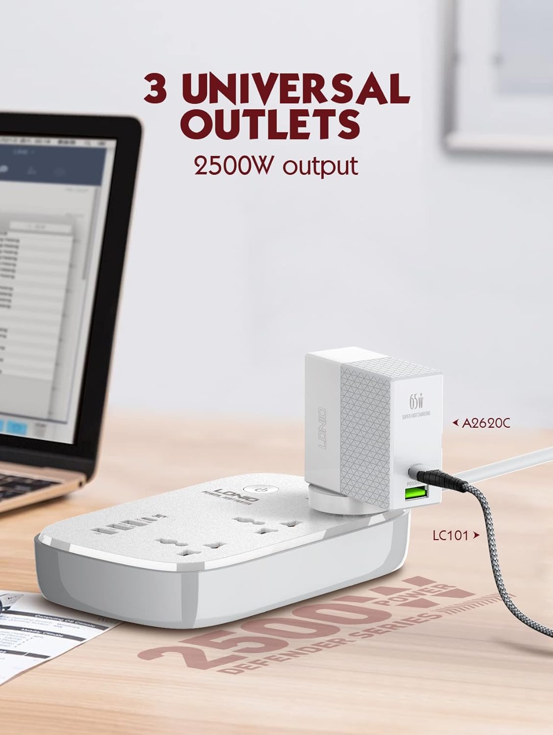 LDNIO SCW3451 Smart WiFi Power Strip 3 Universal AC Outlets 1 USB-C PD 1 QC3.0 & 2 Auto-ID USB Ports Remote App Control (White - Grey)