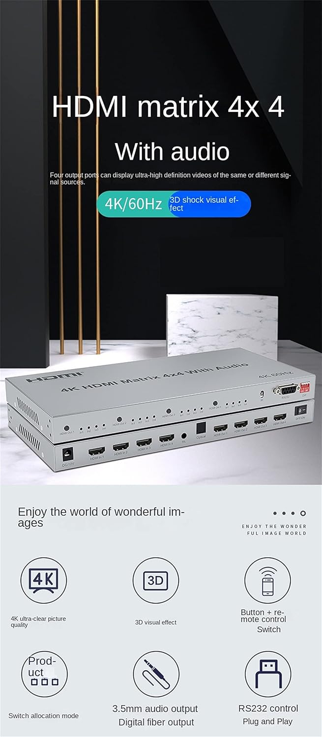 HDMI Matrix 4x4 Switch 4K@60Hz with Audio Extractor and HDMI 2.0 Matrix Switcher Splitter 4 in 4 Out Selector Supporting HDR plus HDCP 2.2 and EDID Control - Black