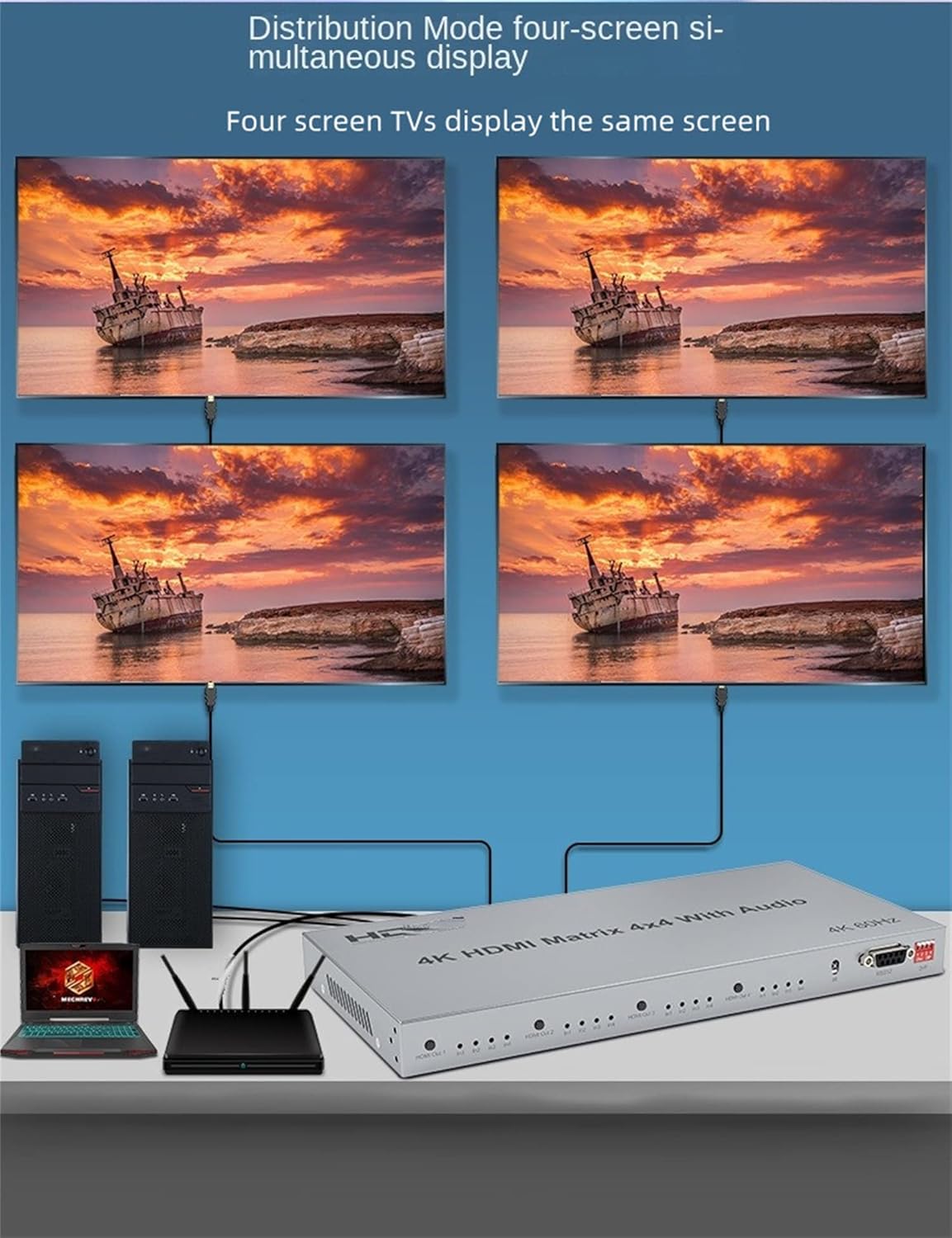 HDMI Matrix 4x4 Switch 4K@60Hz with Audio Extractor and HDMI 2.0 Matrix Switcher Splitter 4 in 4 Out Selector Supporting HDR plus HDCP 2.2 and EDID Control - Black