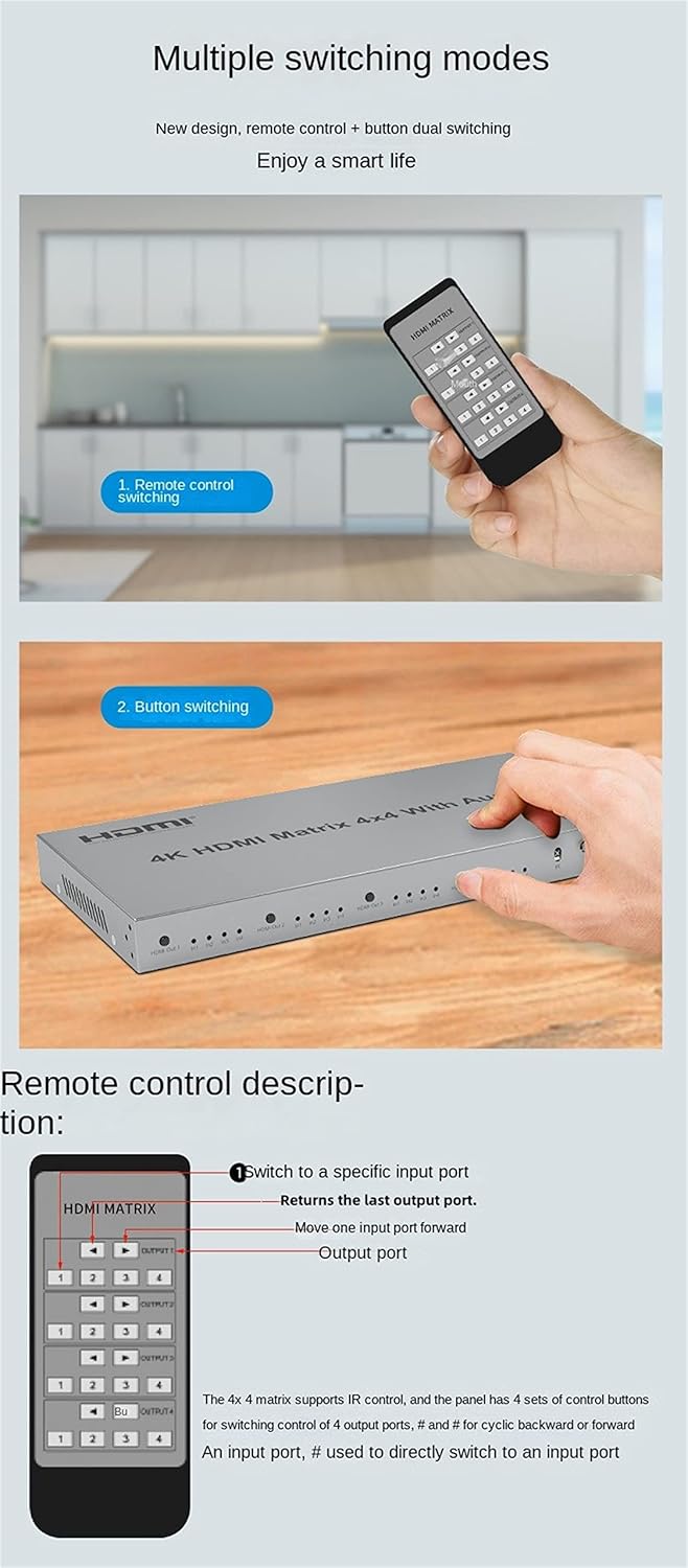 HDMI Matrix 4x4 Switch 4K@60Hz with Audio Extractor and HDMI 2.0 Matrix Switcher Splitter 4 in 4 Out Selector Supporting HDR plus HDCP 2.2 and EDID Control - Black