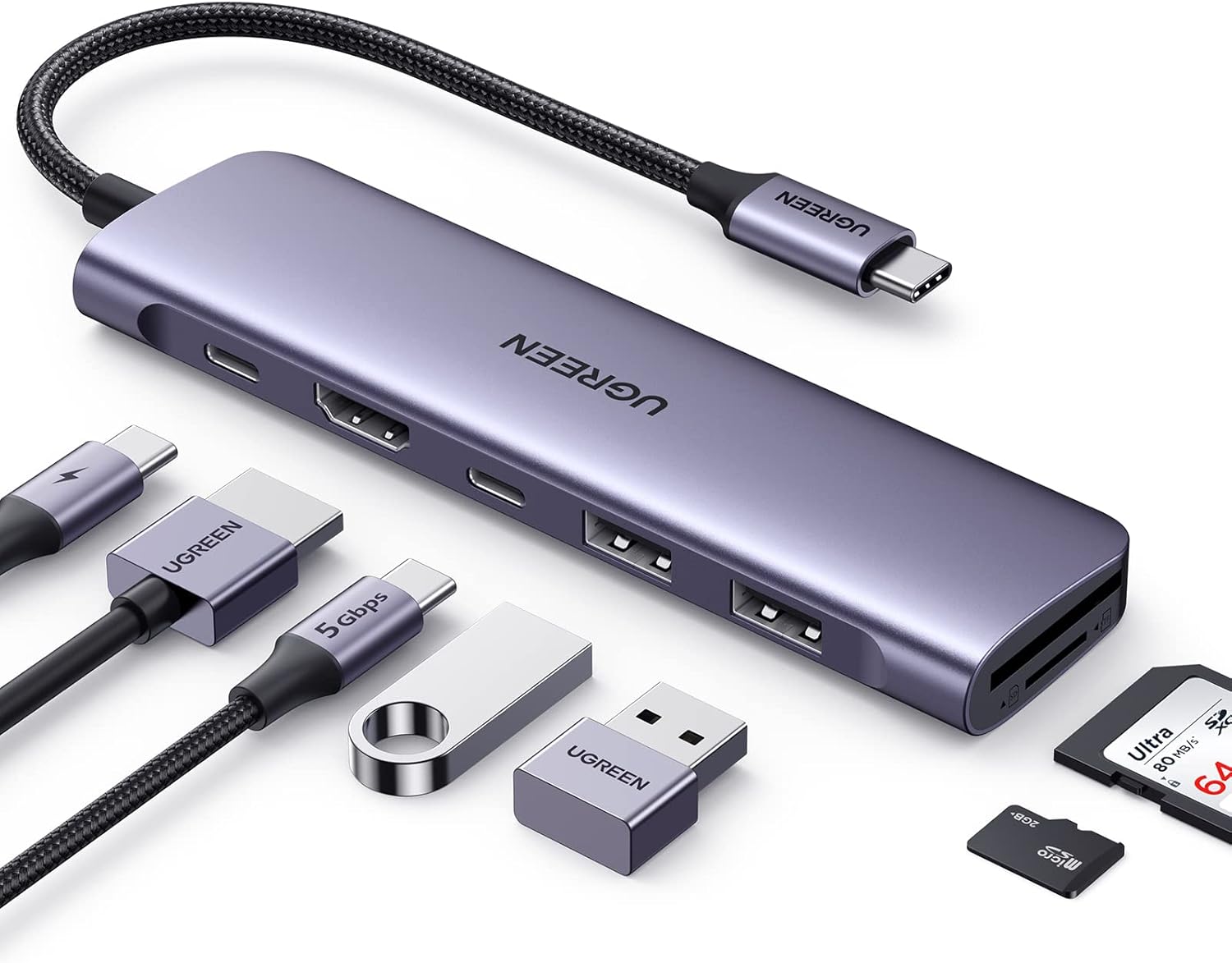 UGREEN USB C Hub 7-in-1, 5 Gbps USB-C Hub with 4K HDMI, 100W Power Delivery, USB-C and 2 USB-A Data