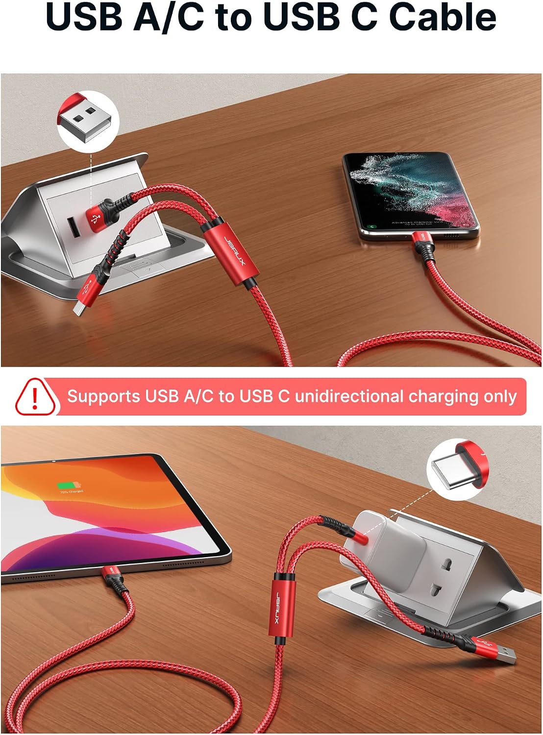 JSAUX 6.6FT 60W USB-C Cable 2-in-1 Fast Charging
