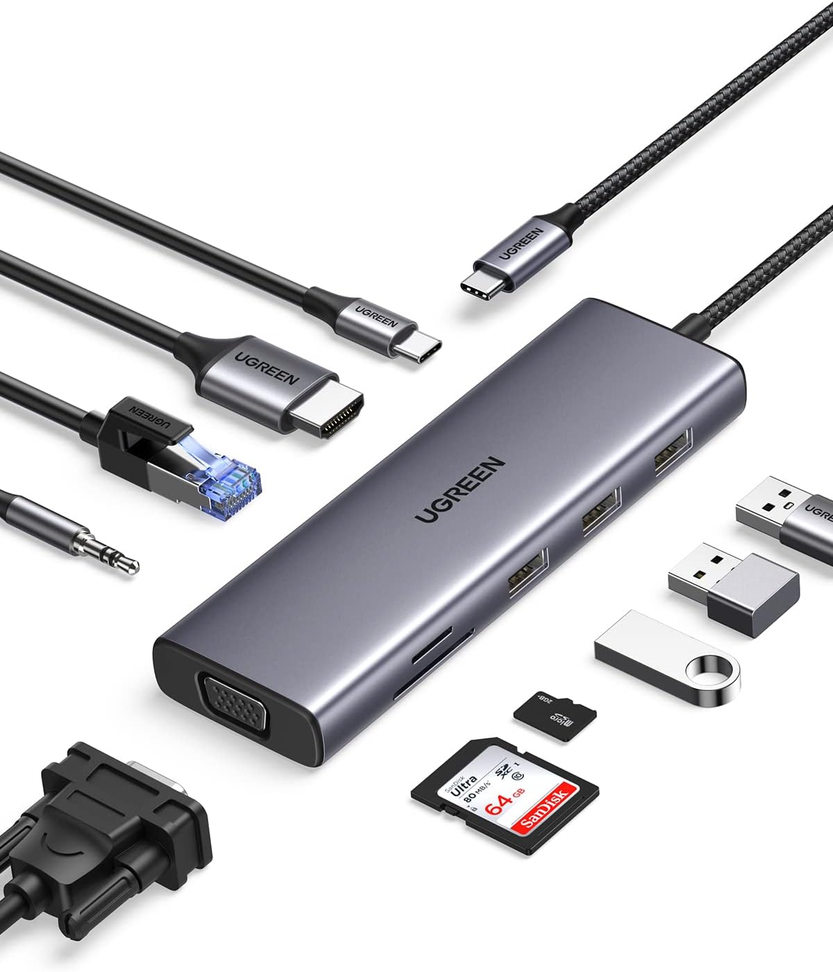 UGREEN USB Hub Type-C 10 in 1 Dongle With 4K HDMI & VGA Grey
