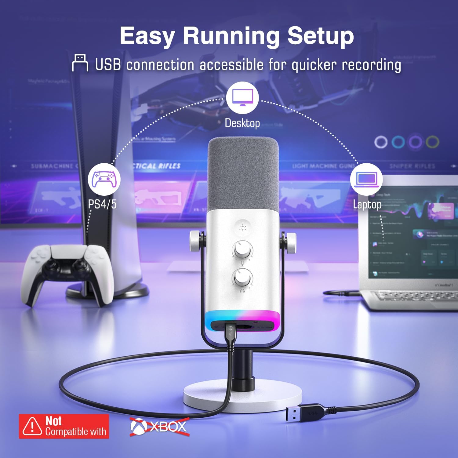 FIFINE XLR/USB Gaming Microphone for Streaming Podcasting, PC Computer RGB Mic for PS4/PS5, with Gai