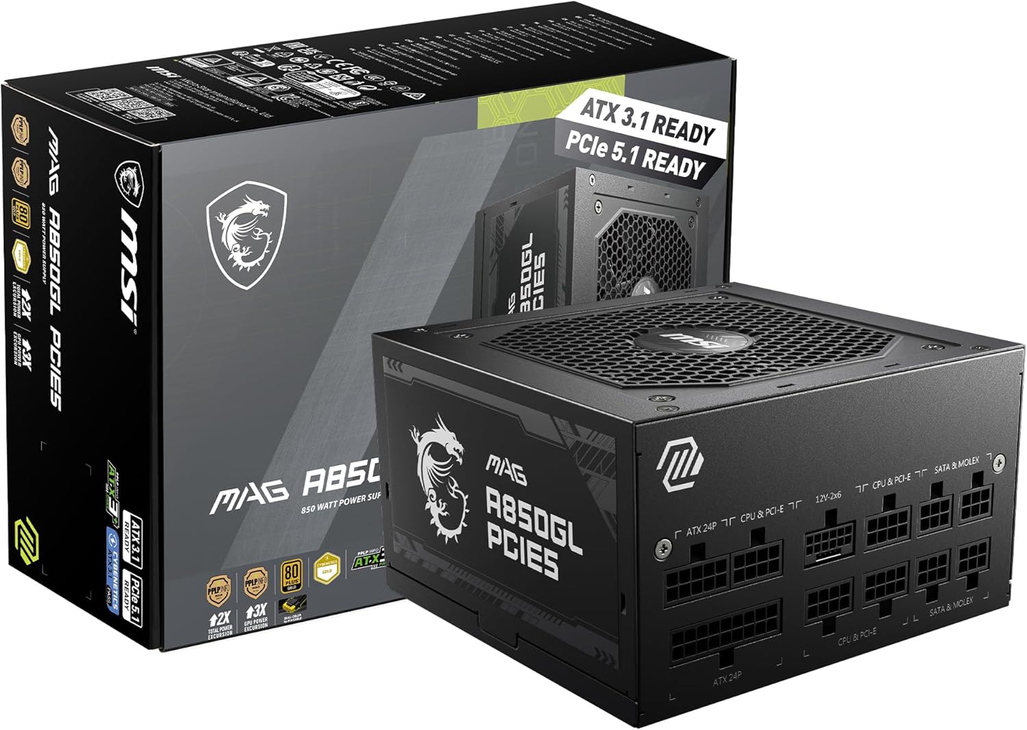 MSI MAG 850W Power Supply 80 Plus Gold - ATX 3.0 PCIe 5.0 Ready - 12VHPWR [MAG A850GL PCIE5]