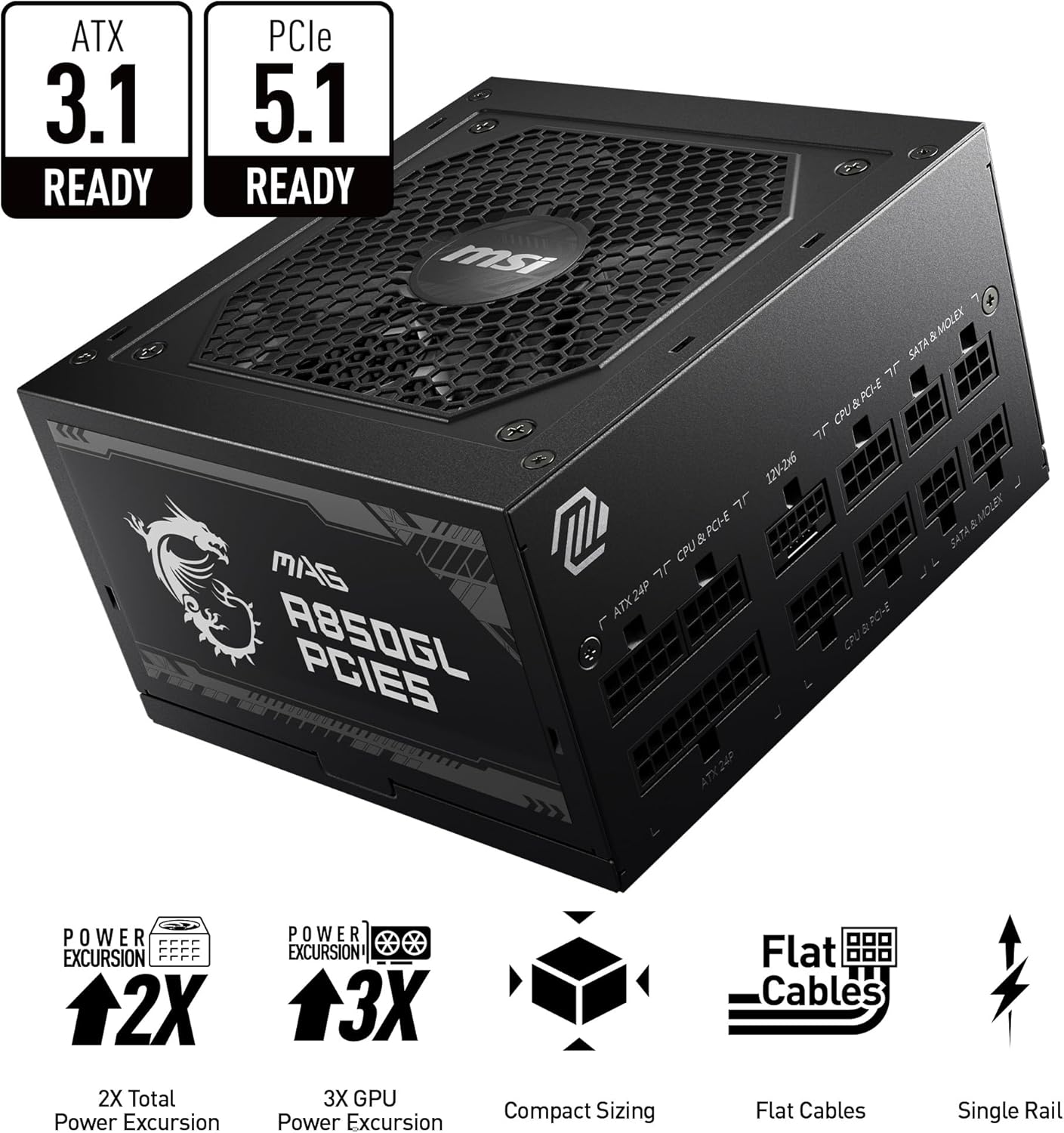 MSI MAG 850W Power Supply 80 Plus Gold - ATX 3.0 PCIe 5.0 Ready - 12VHPWR [MAG A850GL PCIE5]