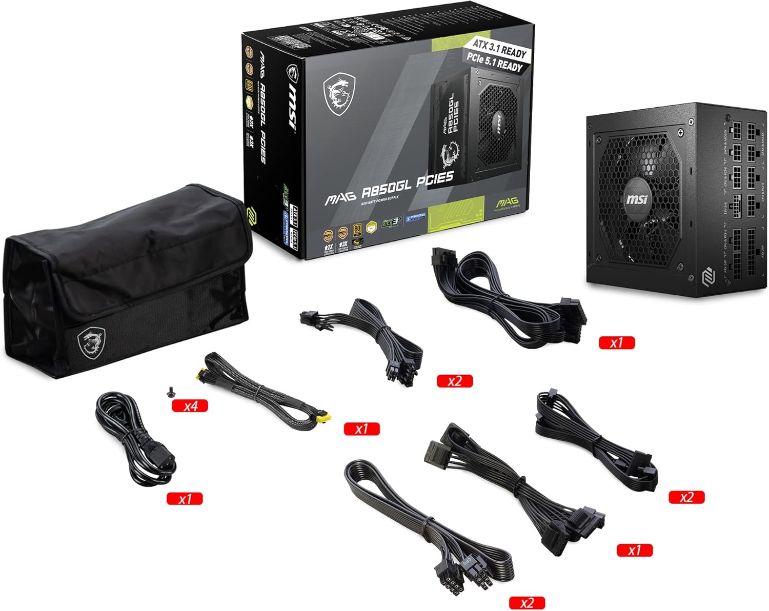 MSI MAG 850W Power Supply 80 Plus Gold - ATX 3.0 PCIe 5.0 Ready - 12VHPWR [MAG A850GL PCIE5]