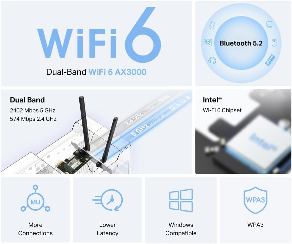 MERCUSYS TP-Link MA80XE PCIe Adapter AX3000Mbps WiFi 6 Bluetooth 5.3, Intel Wi-Fi 6 Chipset, WPA3, M