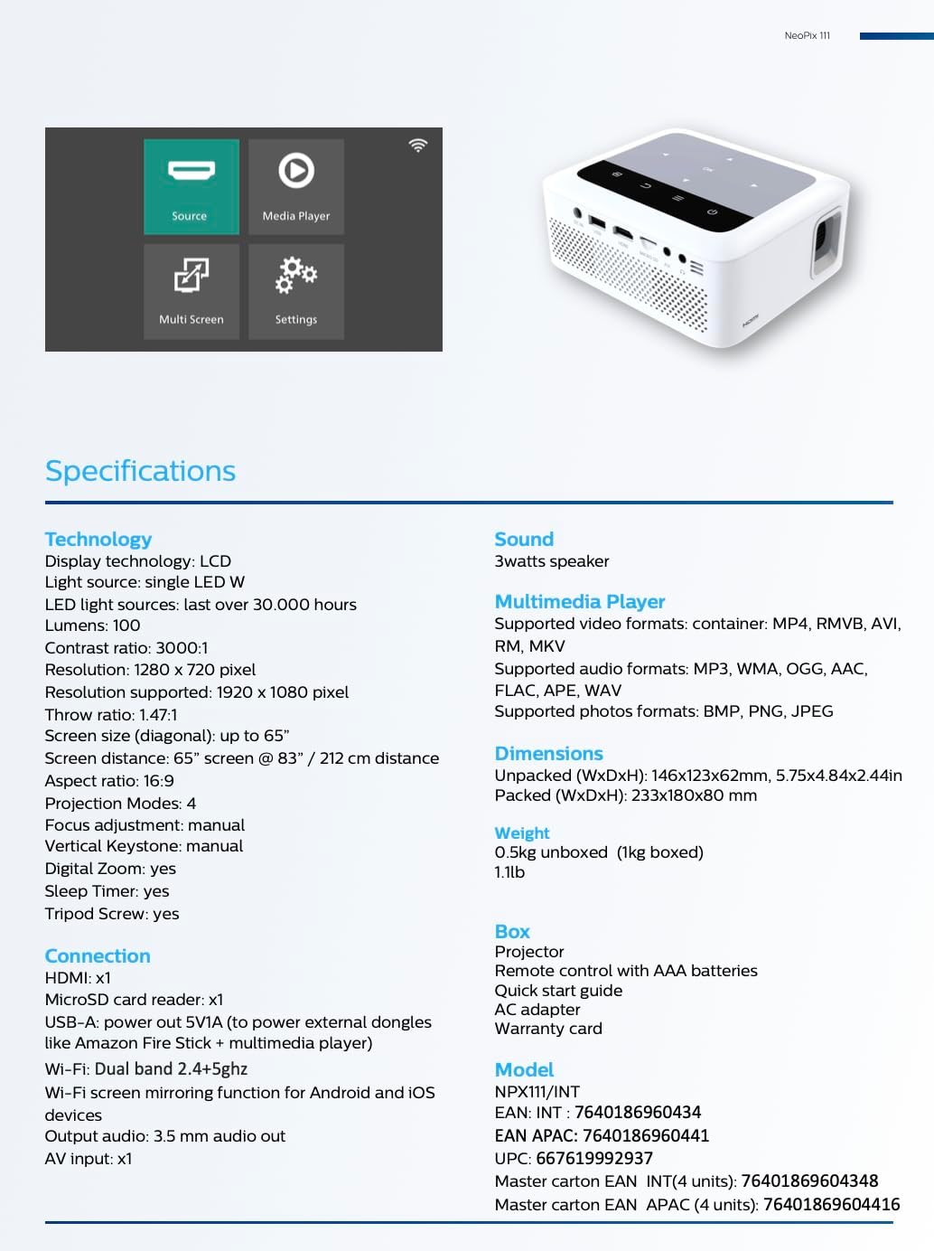 Philips NeoPix 111, True HD 720p Mini Projector with Built-in Dual Band Wi-Fi Screen Duplication