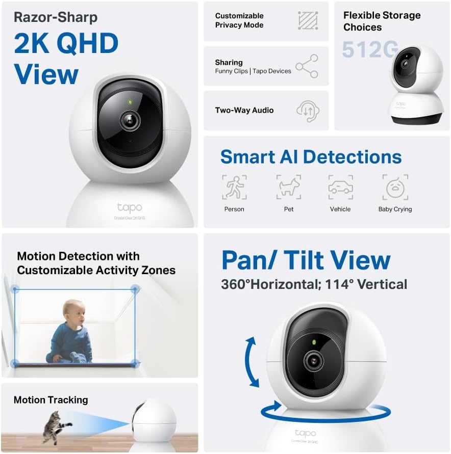Tapo TP-Link C220 Pan/Tilt Smart AI 2K 4MP QHD 1440p Home Security Wi-Fi Camera Alexa & Google Assis