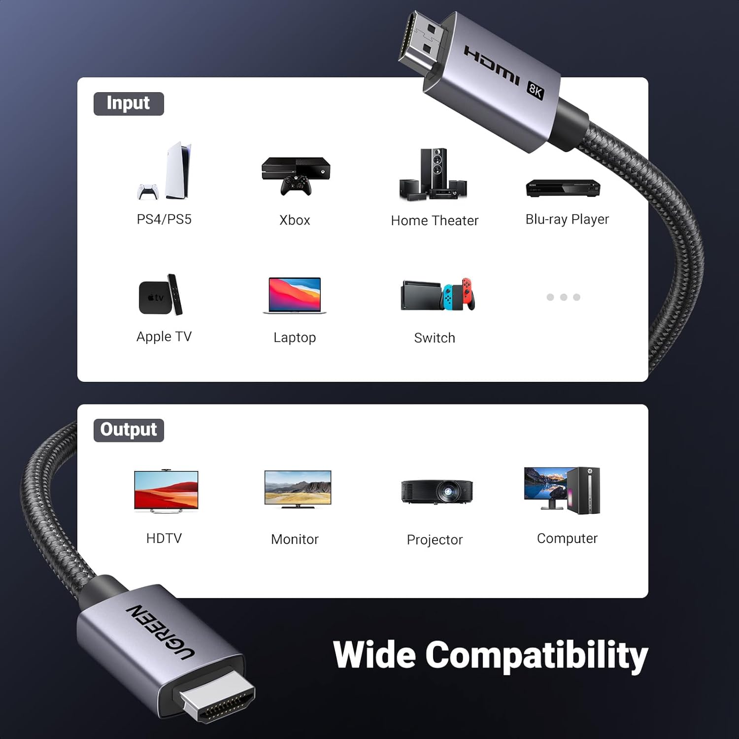 UGREEN HDMI 2.1 Cable 3M Certified Ultra High Speed 48Gbps 8K 4K@120Hz 144Hz 240Hz Video Cord Support eARC HDR VRR Dolby Vision Atmos HDCP 2.3 Compatible with PS5 Xbox Laptop PC TV Soundbar Monitor