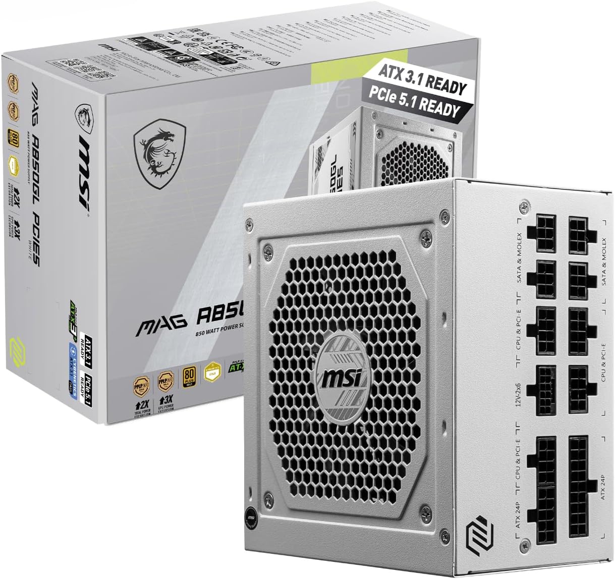 MSI 850W ATX Fully Modular Power Supply - MAG A850GL PCIE5 White - (Active PFC/80 PLUS Gold)