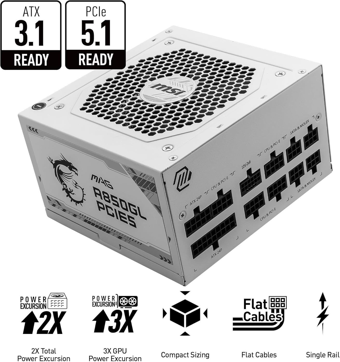 MSI 850W ATX Fully Modular Power Supply - MAG A850GL PCIE5 White - (Active PFC/80 PLUS Gold)