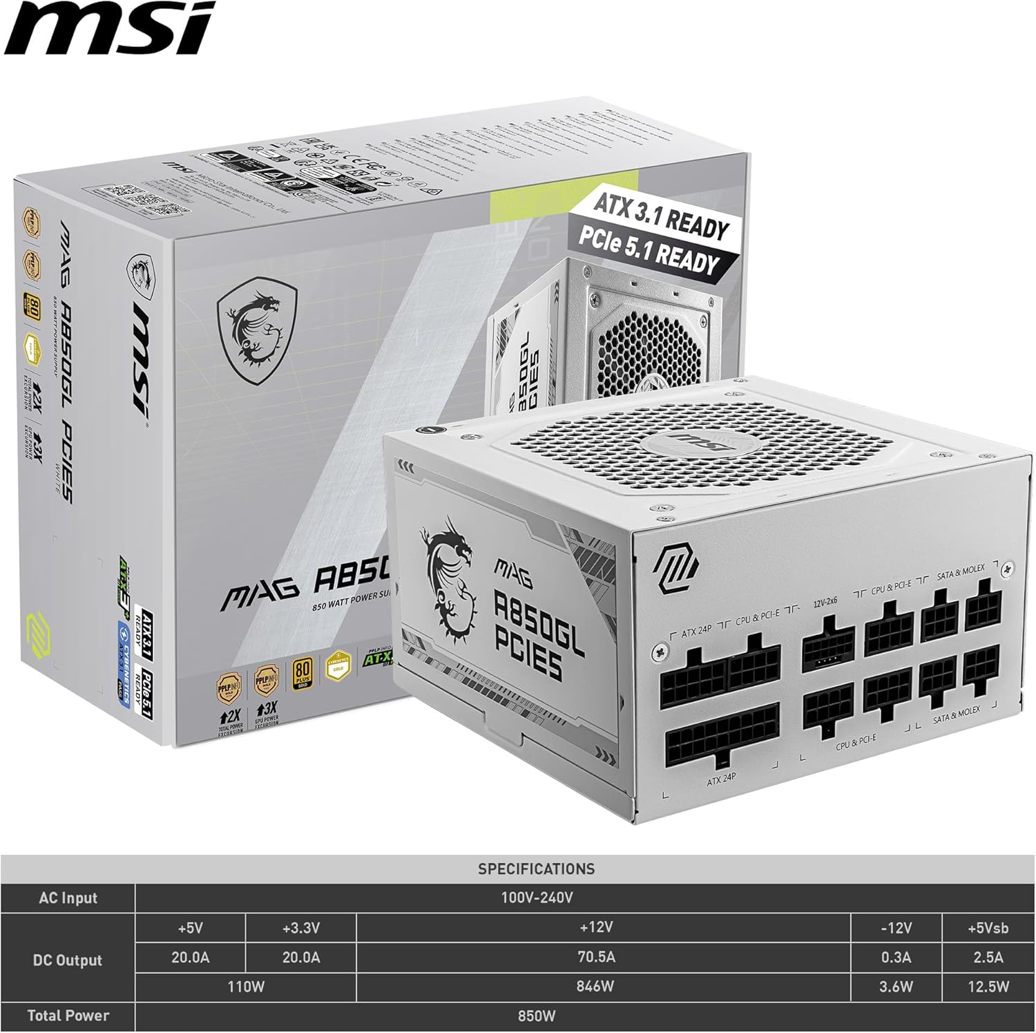 MSI 850W ATX Fully Modular Power Supply - MAG A850GL PCIE5 White - (Active PFC/80 PLUS Gold)