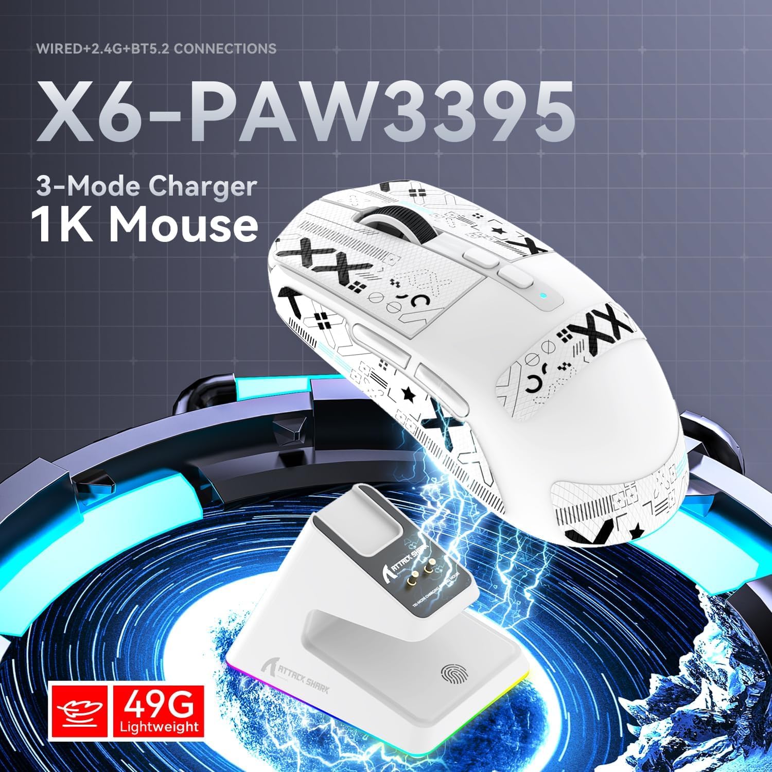 ATTACK SHARK X6 Lightweight Wireless Gaming Mouse with Anti Slip Mouse Grip Tape, Self Adhesive Desi
