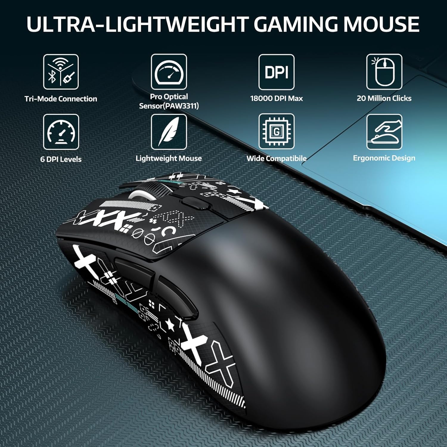 ATTACK SHARK R1 Lightweight Wireless Gaming Mouse with Anti Slip Mouse Grip Tape, Self Adhesive Desi