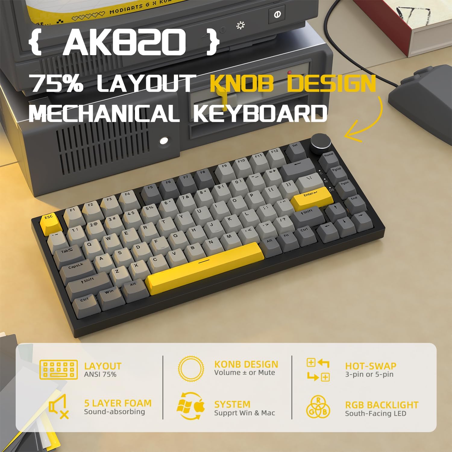 Attack Shark ajazz AK820 75% Wired Mechanical Gaming Keyboard with CNC Hot Swappable RGB Mounting Jo