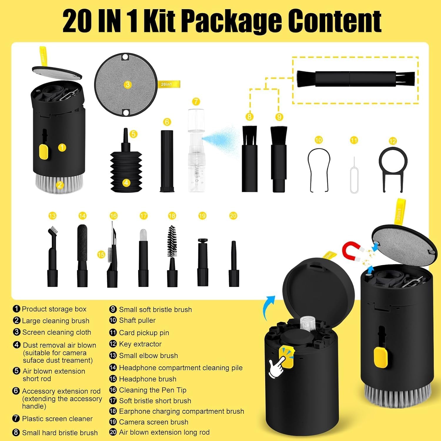20-in-1 Electronic Cleaner Kit Multi-Function Keyboard & Laptop Cleaner Kit For Monitor Cell Phone Bluetooth Earbuds AirPods Camera Lens (Black)