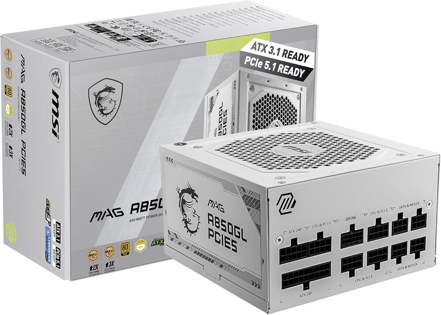 MSI MAG A850GL PCIE5 White, Fully Modular Compact Gaming 850W Power Supply, 80+ Gold, ATX 3.1 & PCIe
