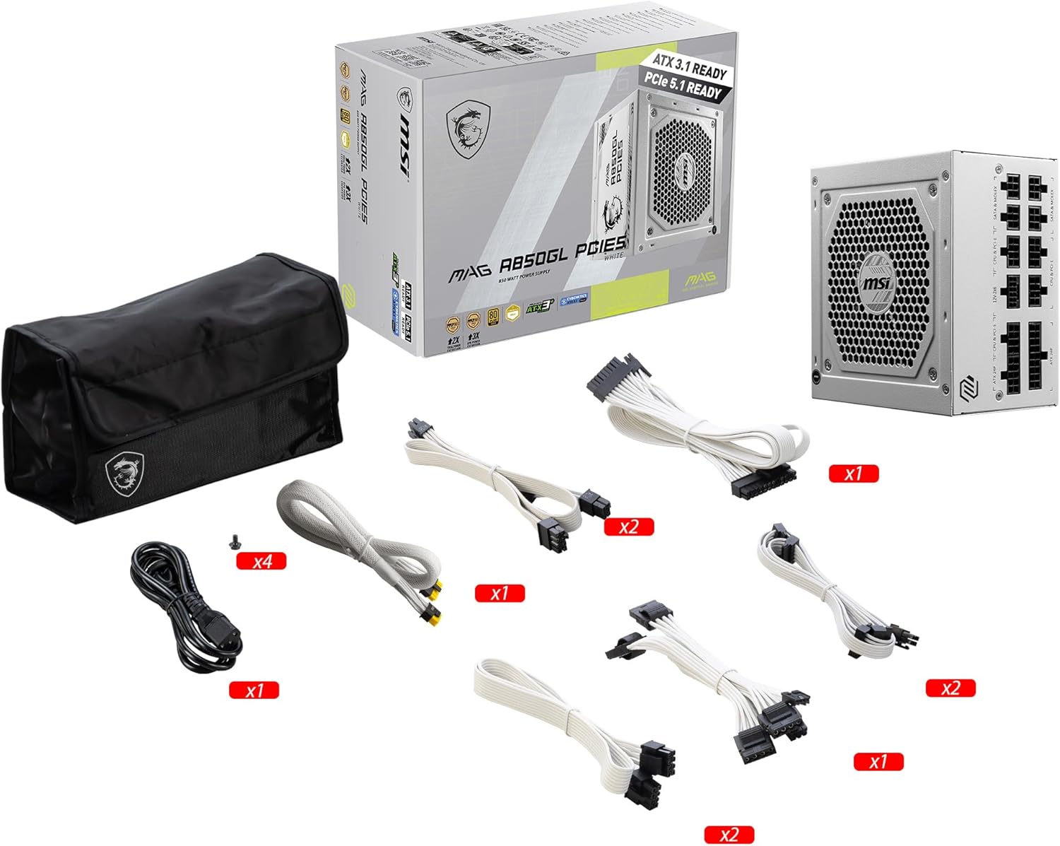 MSI MAG A850GL PCIE5 White, Fully Modular Compact Gaming 850W Power Supply, 80+ Gold, ATX 3.1 & PCIe